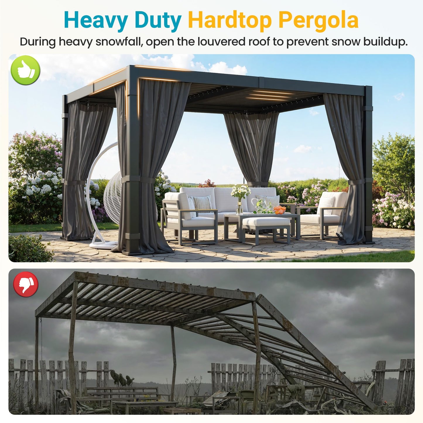10' x 12' Louvered Pergola, Outdoor Pergola with Curtains & Netting, Metal Patio Pergola with Adjustable Louvers Roof and Gutter System, Metal Hardtop Gazebo for Patio, Deck, Garden, Yard, Dark Gray