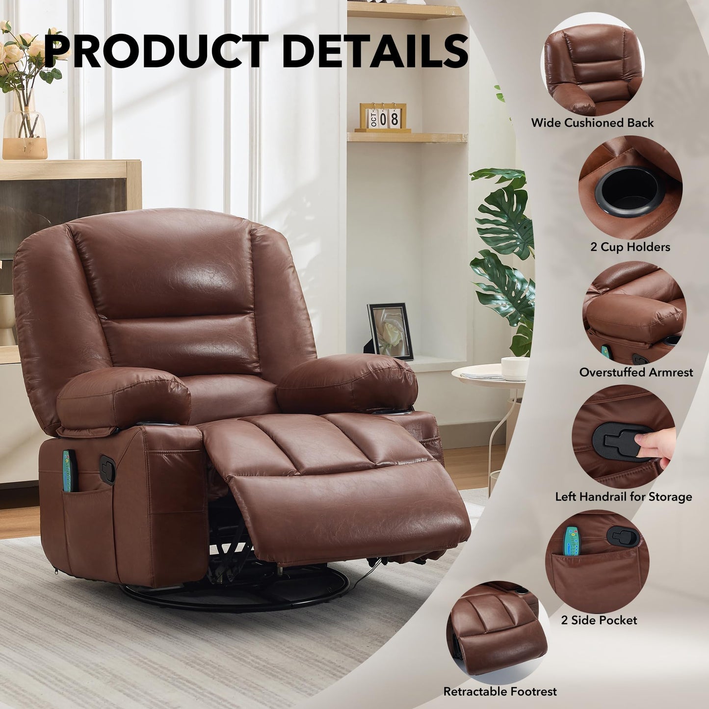 Oversized Wide Recliner Chair-Heat and Vibration Massage, PU Leather Manual Recliner for Adults, 360° Swivel Rocker Chair with Cup Holders & Side Pocket,Lazy Boy Chair for Living Room, Bedroom,Brown
