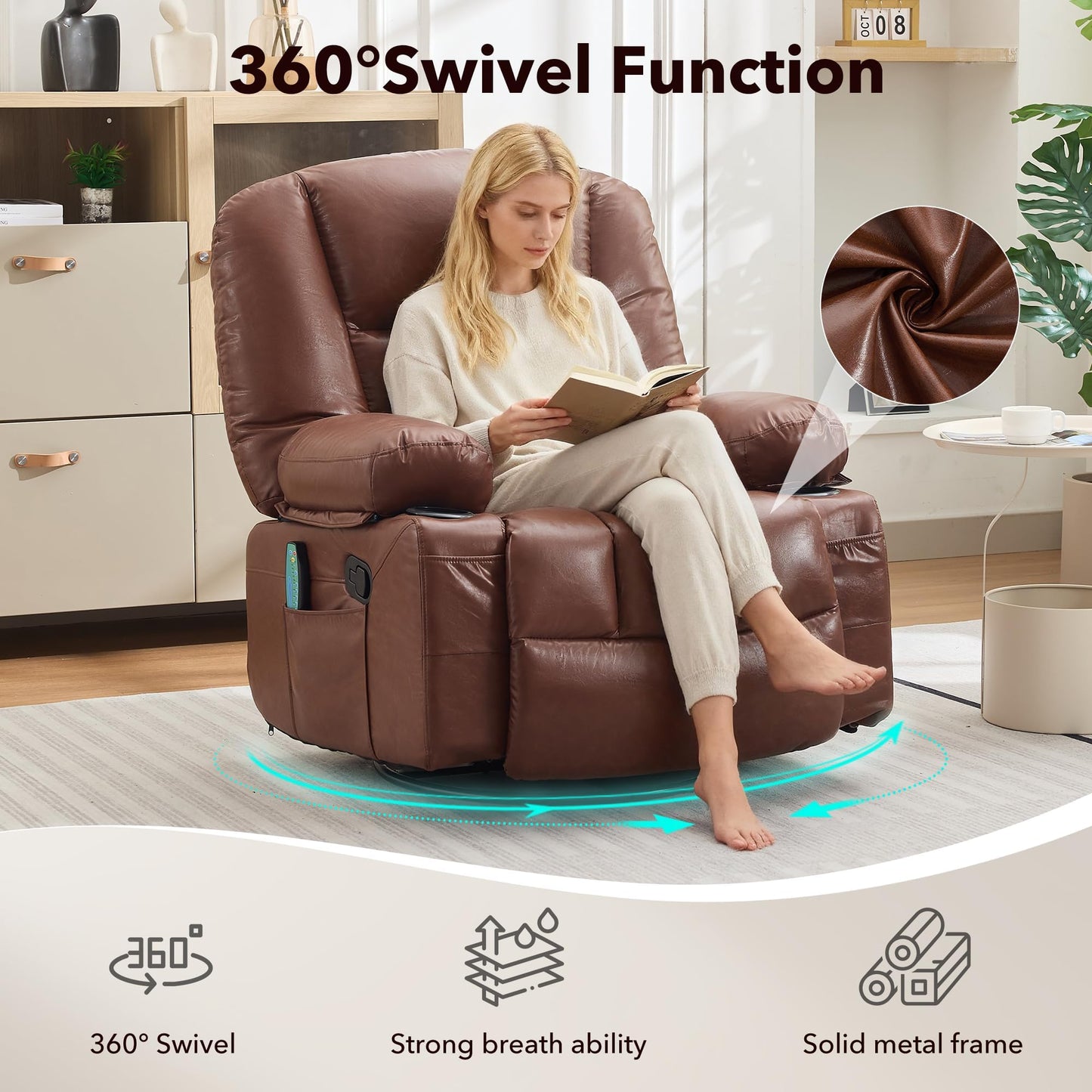Oversized Wide Recliner Chair-Heat and Vibration Massage, PU Leather Manual Recliner for Adults, 360° Swivel Rocker Chair with Cup Holders & Side Pocket,Lazy Boy Chair for Living Room, Bedroom,Brown