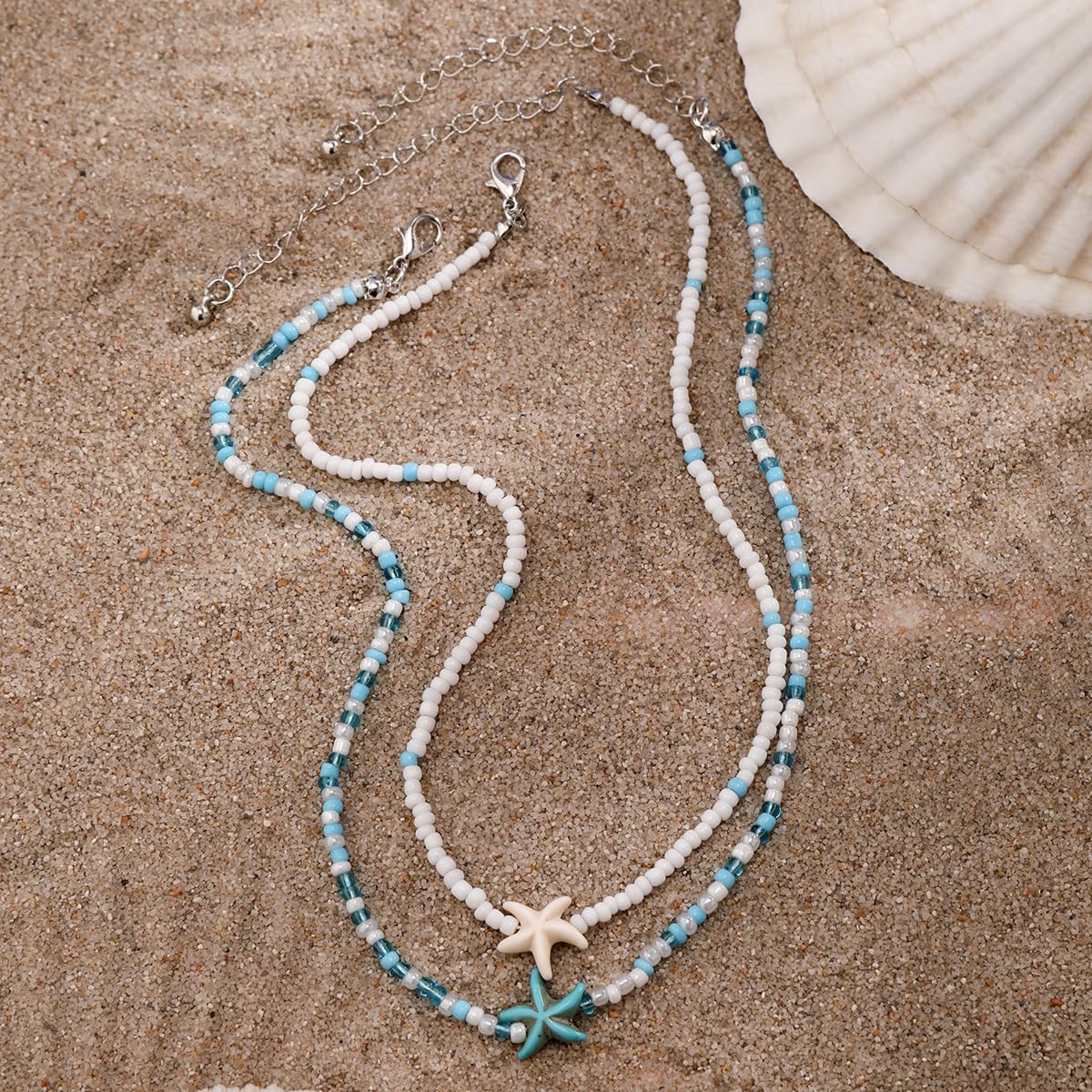 Sora Tuki Layered Starfish Necklace Beach Jewelry for Women Seashell Cowrie Puka Shell Necklaces for Women Beach Necklace Turtle Beaded Choker Necklaces Ocean Jewelry (2 - Beaded starfish)