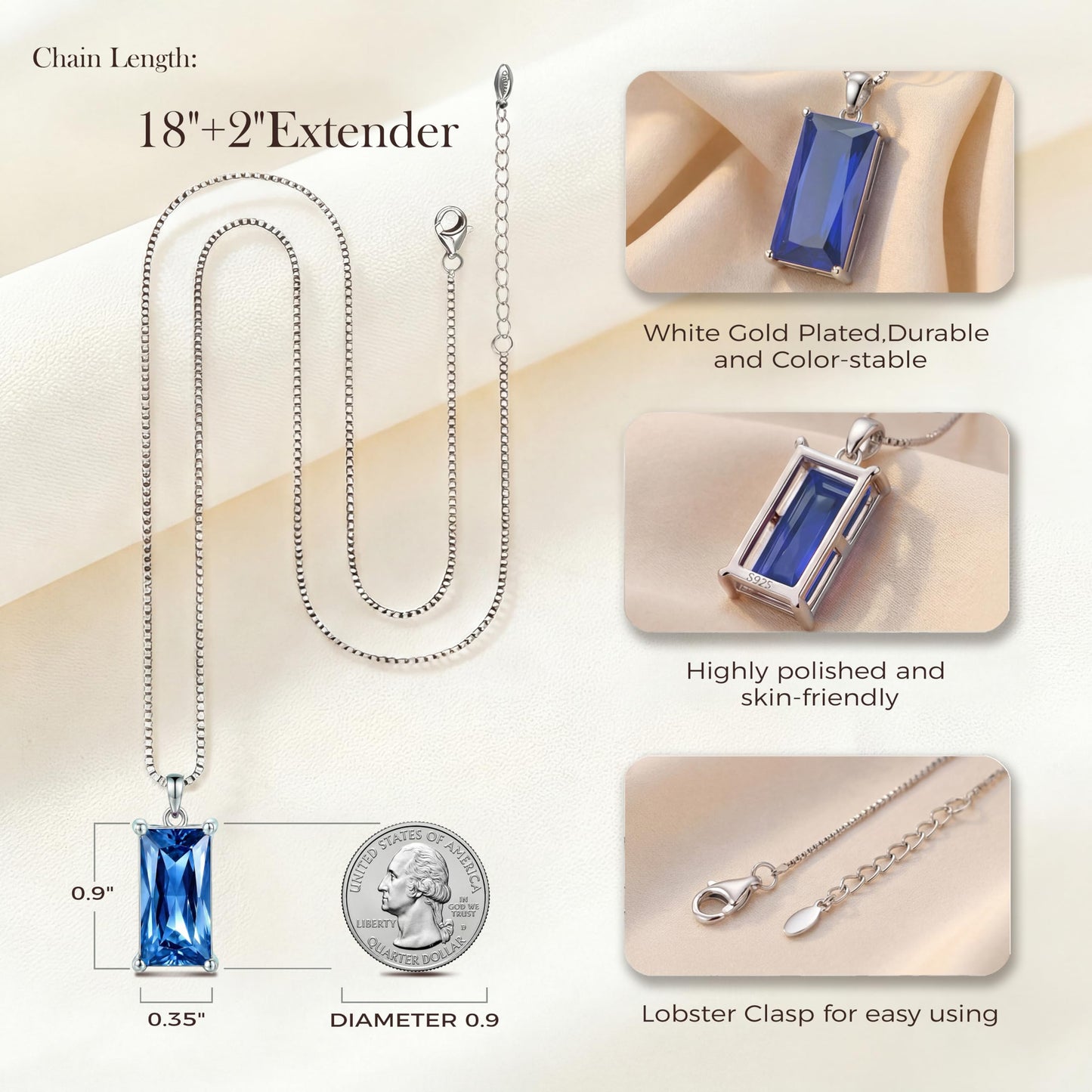 Kuschelkatze 8mm x 16mm Square September Birthstone Sapphire Pendant Necklace – Fashion charming Sterling Silver Gift for women