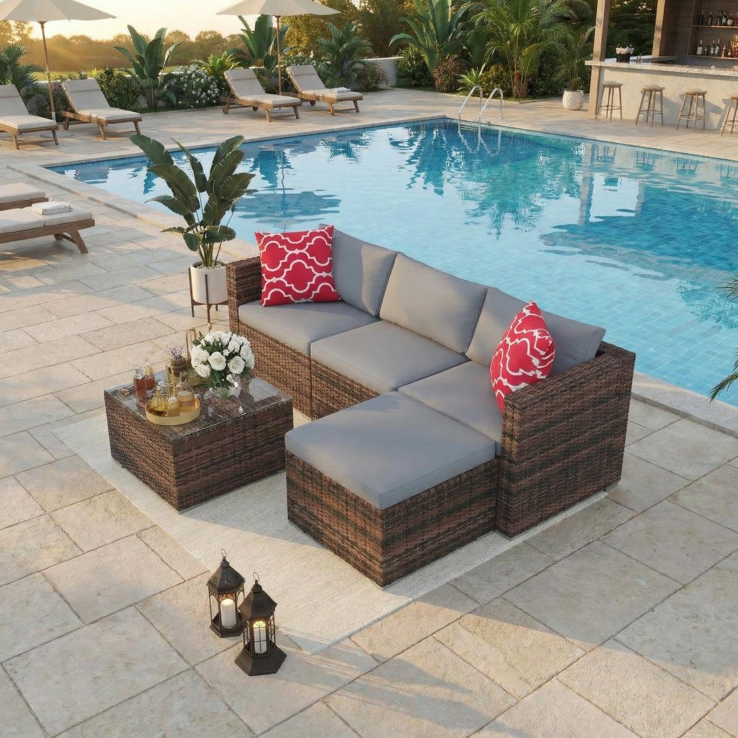 5-Piece Patio Sectional Sofa Set, All-Weather Brown PE Rattan Outdoor Conversation Furniture with Neutral-Tone Cushions, Glass Coffee Table & Footstool, Modular Design for Garden, Porch, Balcony, Pool