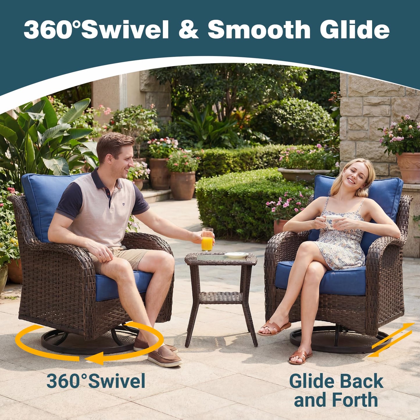 SAILARY Patio Furniture Set, 10PCS Outdoor Wicker Conversation Set with 6" Thick Cushions, High Back Rattan Sofa & Swivel Rocker Chairs, Weather Resistant Olefin Fabric for Garden, Poolside, Navy Blue