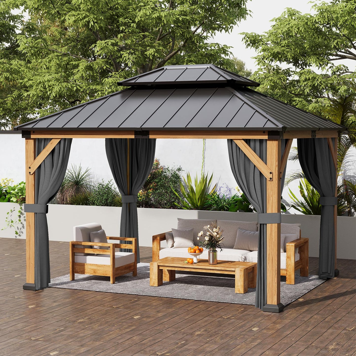 Jocoevol 10' X 12' Wood Gazebo Hardtop Outdoor Permanent Pavilion with Double Galvanized Steel Roof, Curtains and Netting, Snow Support, Wind Resistance, for Backyard Garden, Lawns, Patio
