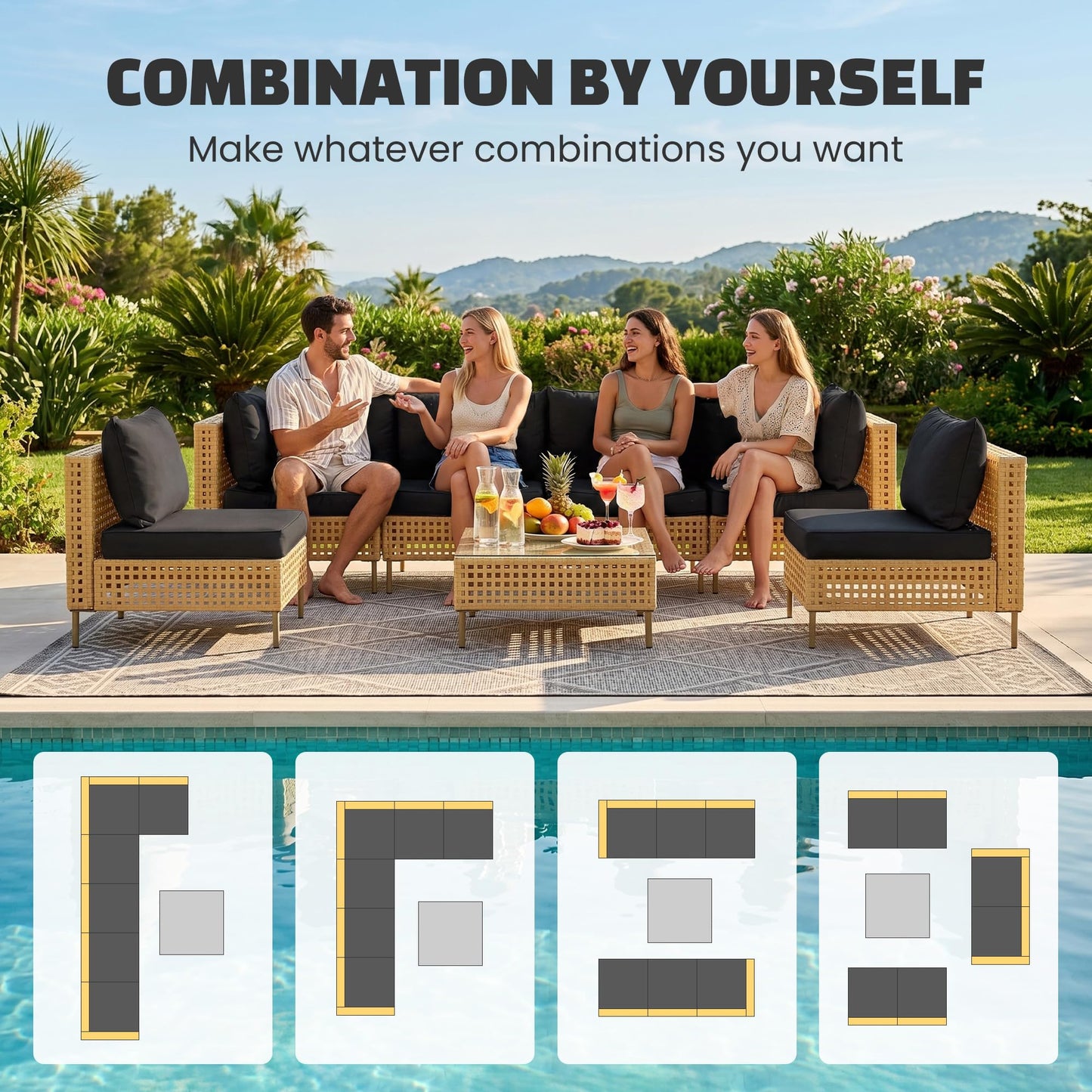 LHBcraft 7-Piece Wicker Outdoor Patio Furniture Set, Modular Rattan Outdoor Furniture, Patio Conversation Sets, Handmade Rattan, Water Resistant Fluffy Cushions and Coffee Table, Black