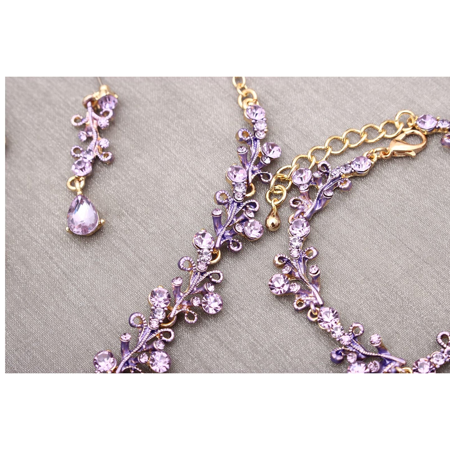 3Pcs Austrian Crystal Jewelry Set for Women, Necklace Dangle Earrings Link Bracelet Jewelry Set with Gold/Platinum/Gun Plated, Wedding Party Jewelry for Bridal Bridesmaid (Violet-Gold Plated)
