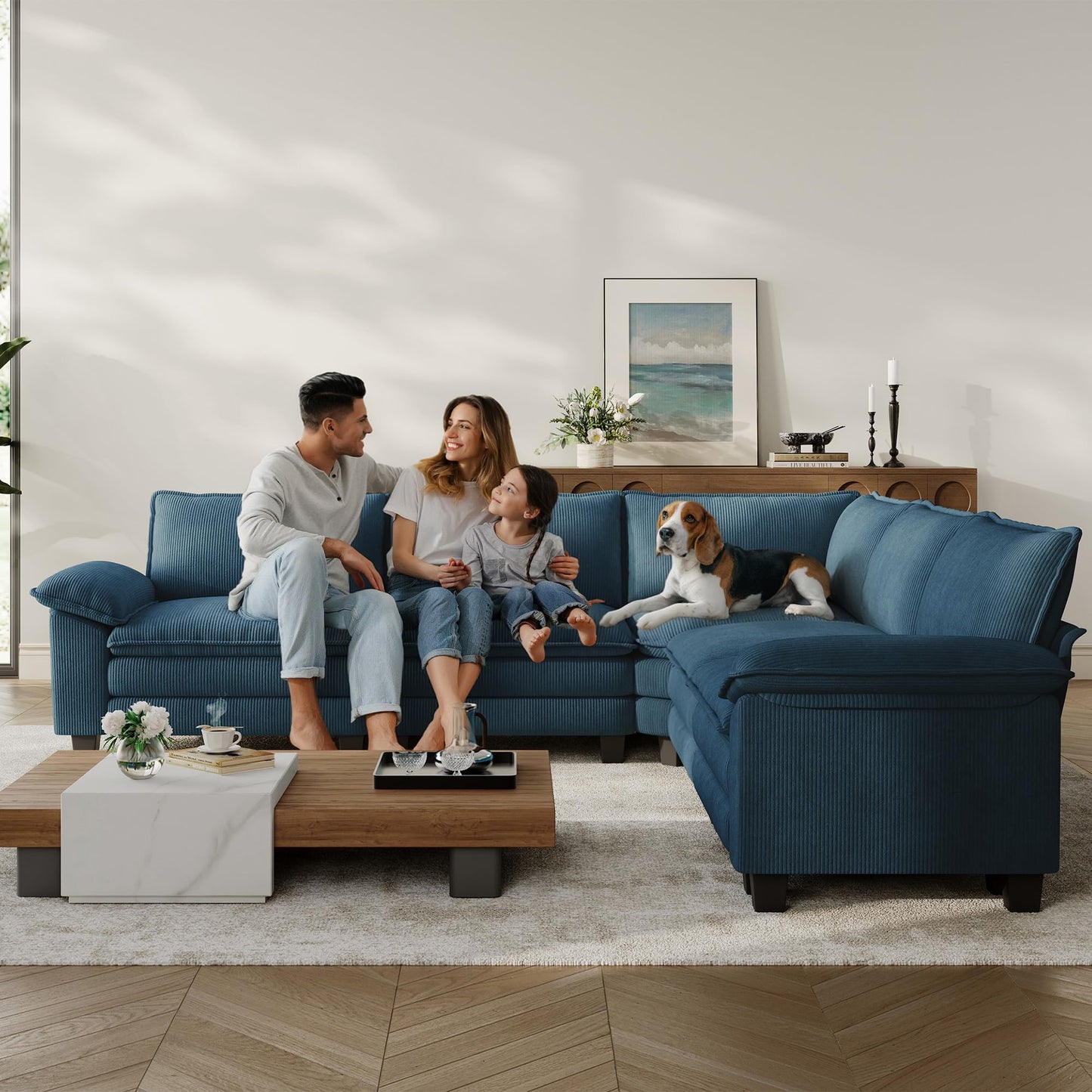 LINSY HOME 119" Modular Sectional Sofa Couch Corduroy Cloud Couches for Living Room, V-Shaped Cloud Couch Sectional Sofas for Bedroom and Apartment, Blue