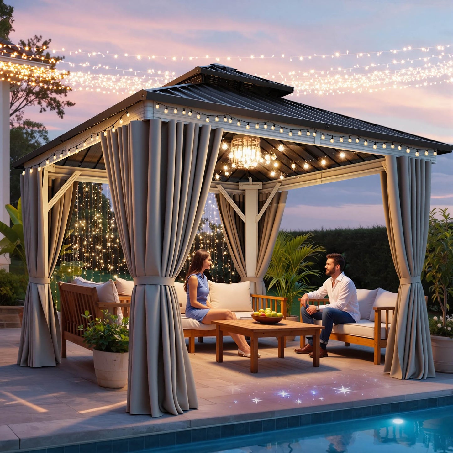 YITAHOME 10X10FT Gazebo Patios Hard Top Outdoor Double Roof Canopy Aluminum Frame Metal Top Garden Gazebo with Curtains Netting for Backyards Decks Lawns, White