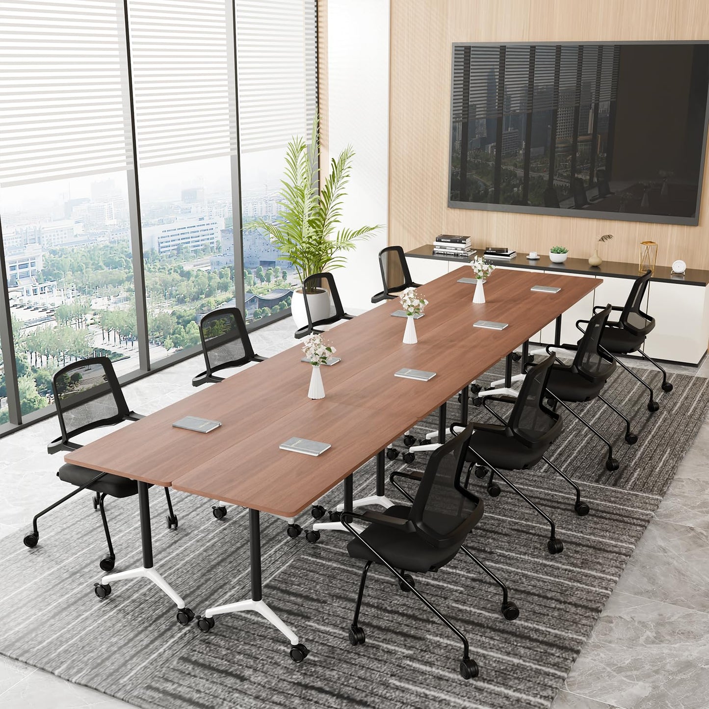 Conference Room Table, Folding Conference Table with Silent Wheels, Modular Flip Top Mobile Training Tables for Office, Training Room, Meeting Rooms, School, 2-16 Person (6, Walnut, 55.1in)