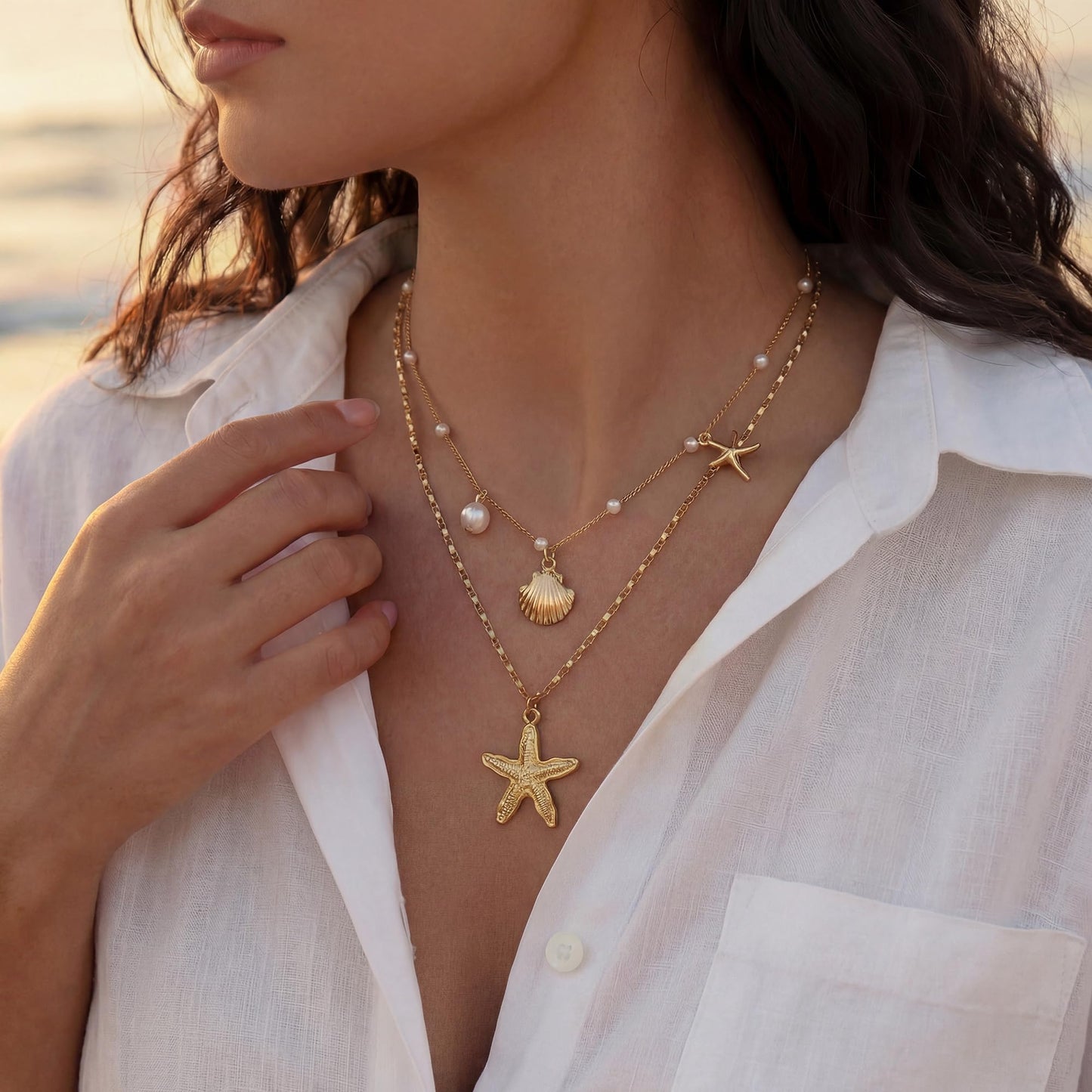 Shell Starfish Necklace for Women, Gold Plated Layered Pendant Necklace with Pearl Conch Charms, Boho Coastal Summer Beach Vacation Jewelry Gifts(Shell&Starfish)