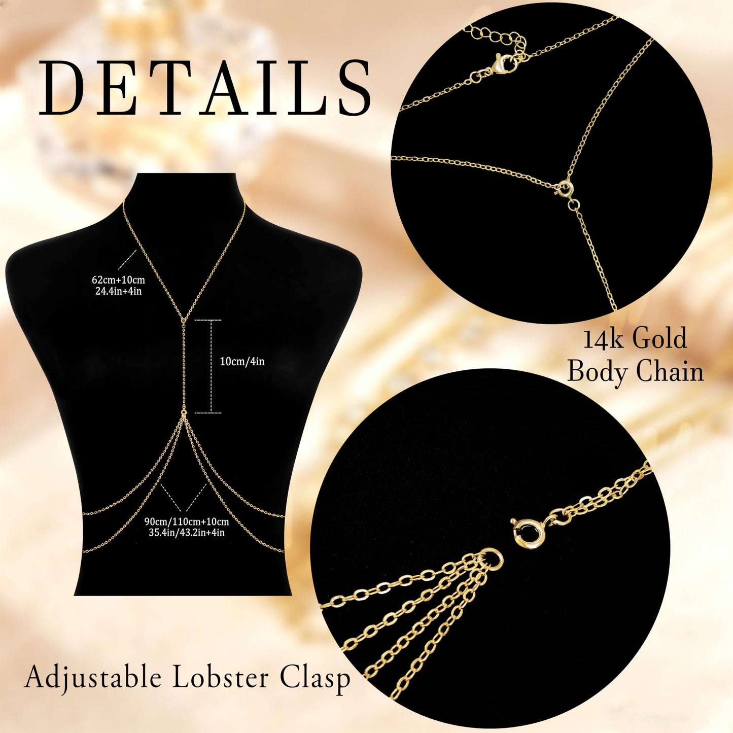 HERIER 14K Gold Plated Body Chain for Women Layered Rhinestone Chain Adjustable Sexy Beach Bikini Bra Body Jewelry Summer Belly Waist Chain Jewelry for Women