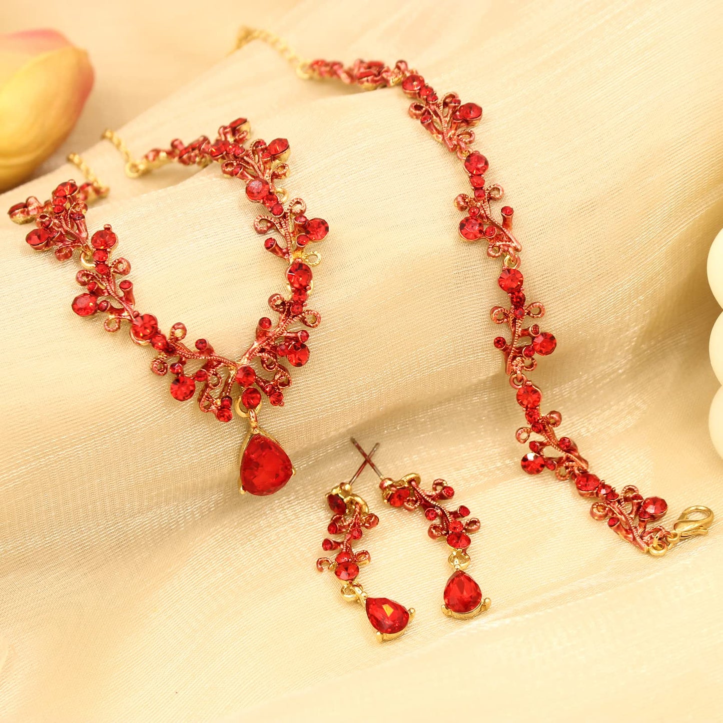 3Pcs Austrian Crystal Jewelry Set for Women, Necklace Dangle Earrings Link Bracelet Jewelry Set with Gold/Platinum/Gun Plated, Wedding Party Jewelry for Bridal Bridesmaid (Red-Gold Plated)