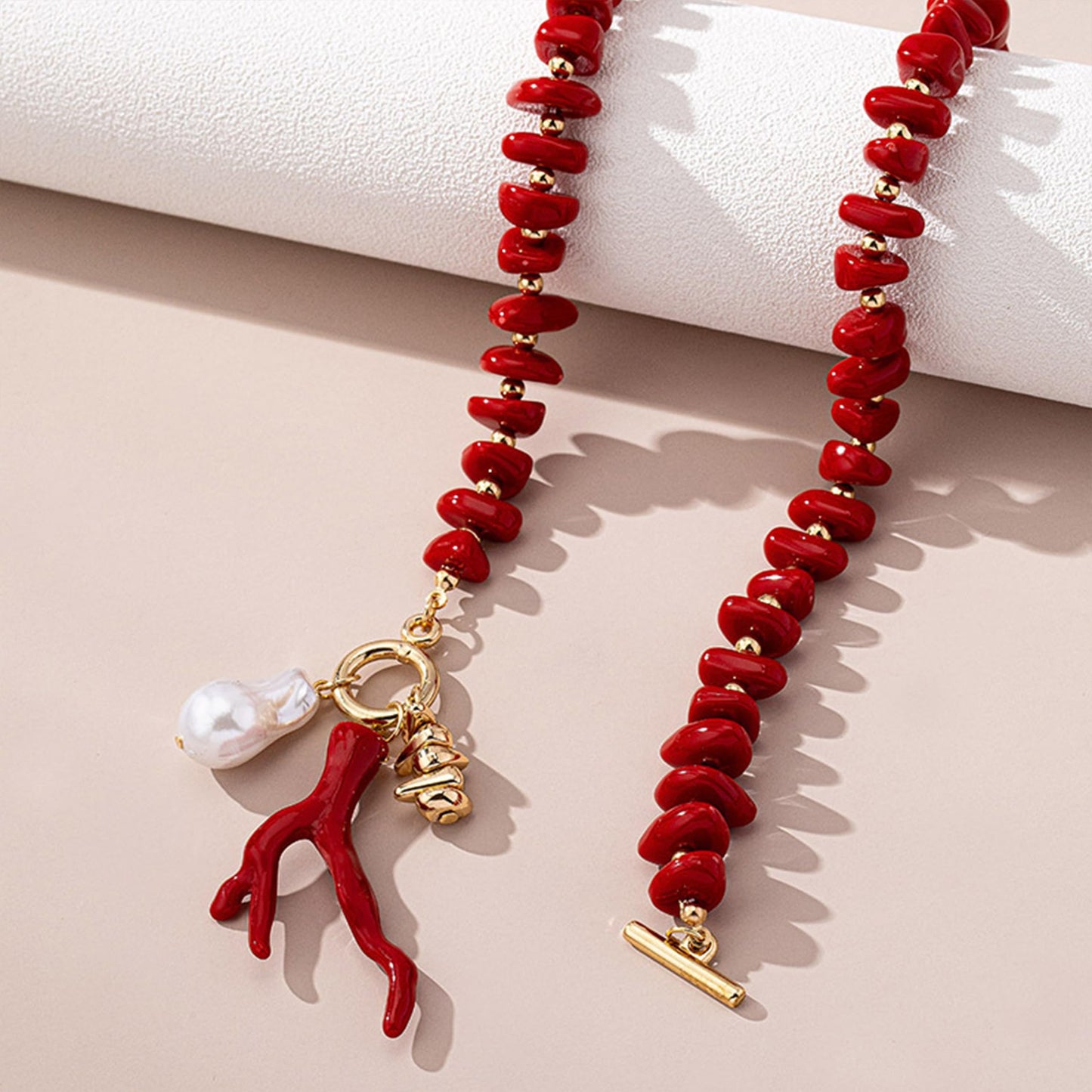 Ocean Coral Pendant Necklace for Women Green Acrylic Beaded Choker Gold OT Clasp Baroque Pearl Charm Necklace Boho Summer Beach Vacation Nautical Coastal Jewelry (Red)