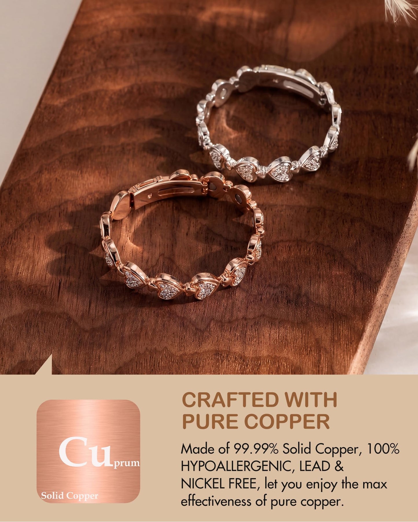 Feraco Pure Copper Bracelets for Women, Ultra Strength Magnetic Bracelet for Women with 3800 Gauss Magnet & Dazzling Austrian Crystals Stone, Heart-Shaped (Rose Gold, 7.68 inches (19.5cm))