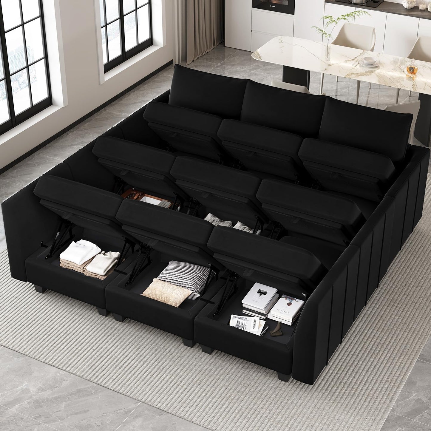 Belffin Large Modular Sectional Sofa Sleeper Couch with Storage Velvet Sectional Sofa Bed for Living Room, 9 Seats, Black