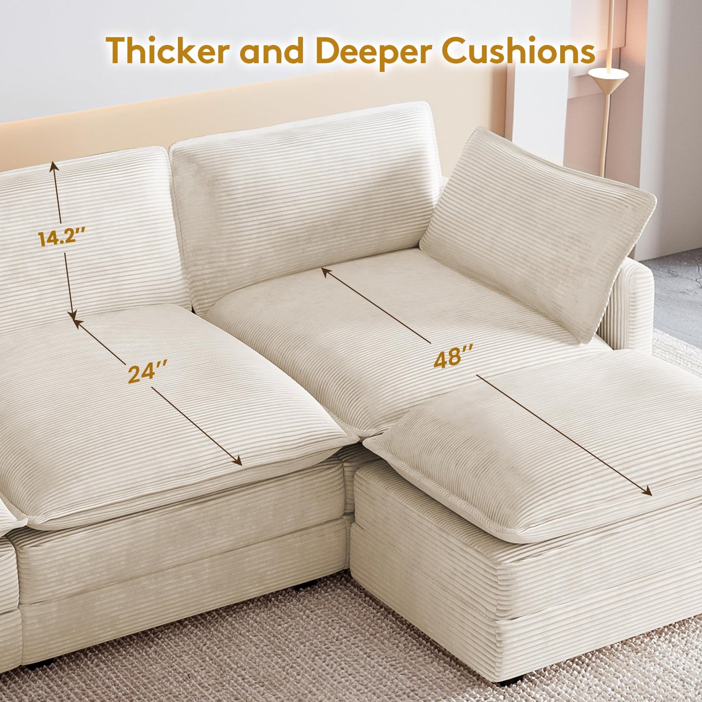 ROWHY 112'' Oversized Modular Sectional Cloud Couch with Movable Ottoman, 4 Seat Modern Corduroy Sofa, Deep Seat L Shaped Couch for Living Room Bedroom Apartment, Cream