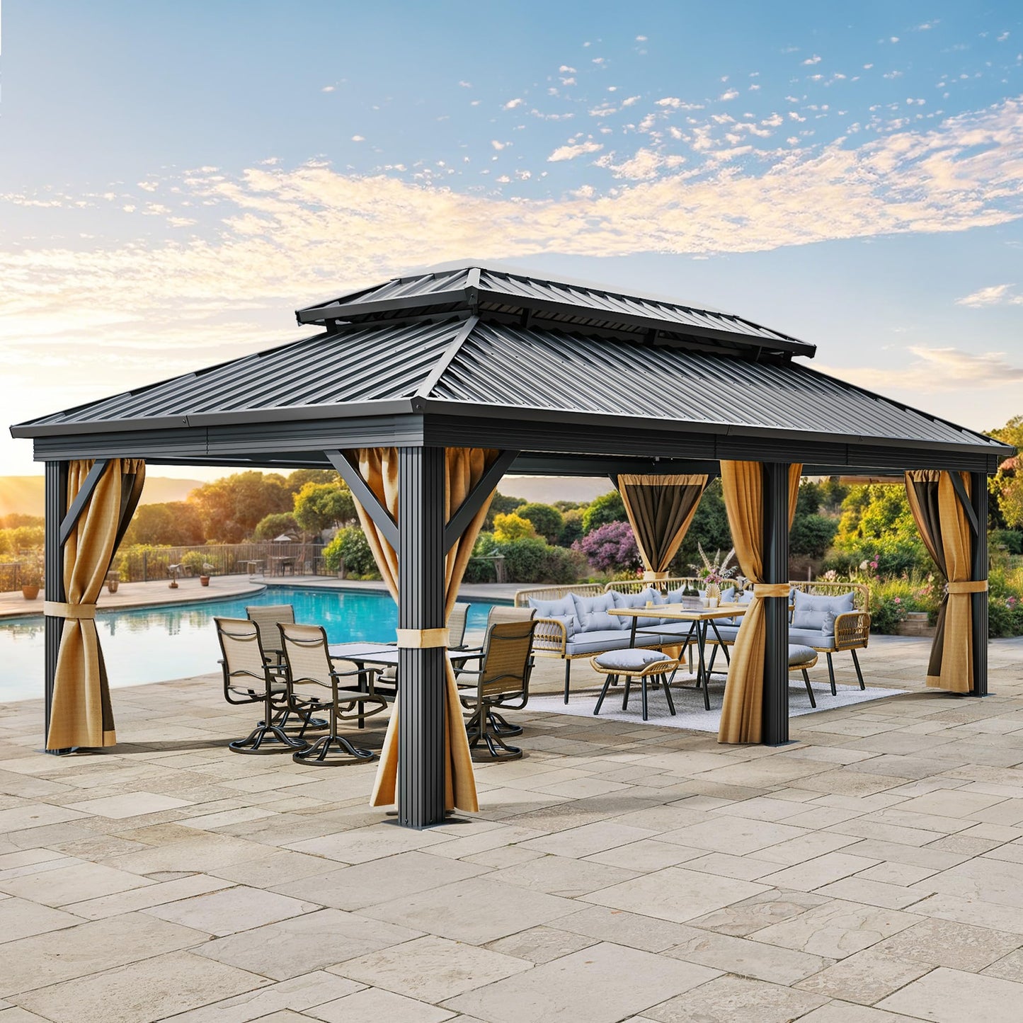 YITAHOME 12X18FT Meatl Hardtop Gazebo Metal Double Roof Canopy Galvanized Iron Aluminum Pillar Garden Tent Curtains Netting for Patios Backyards Decks Lawns