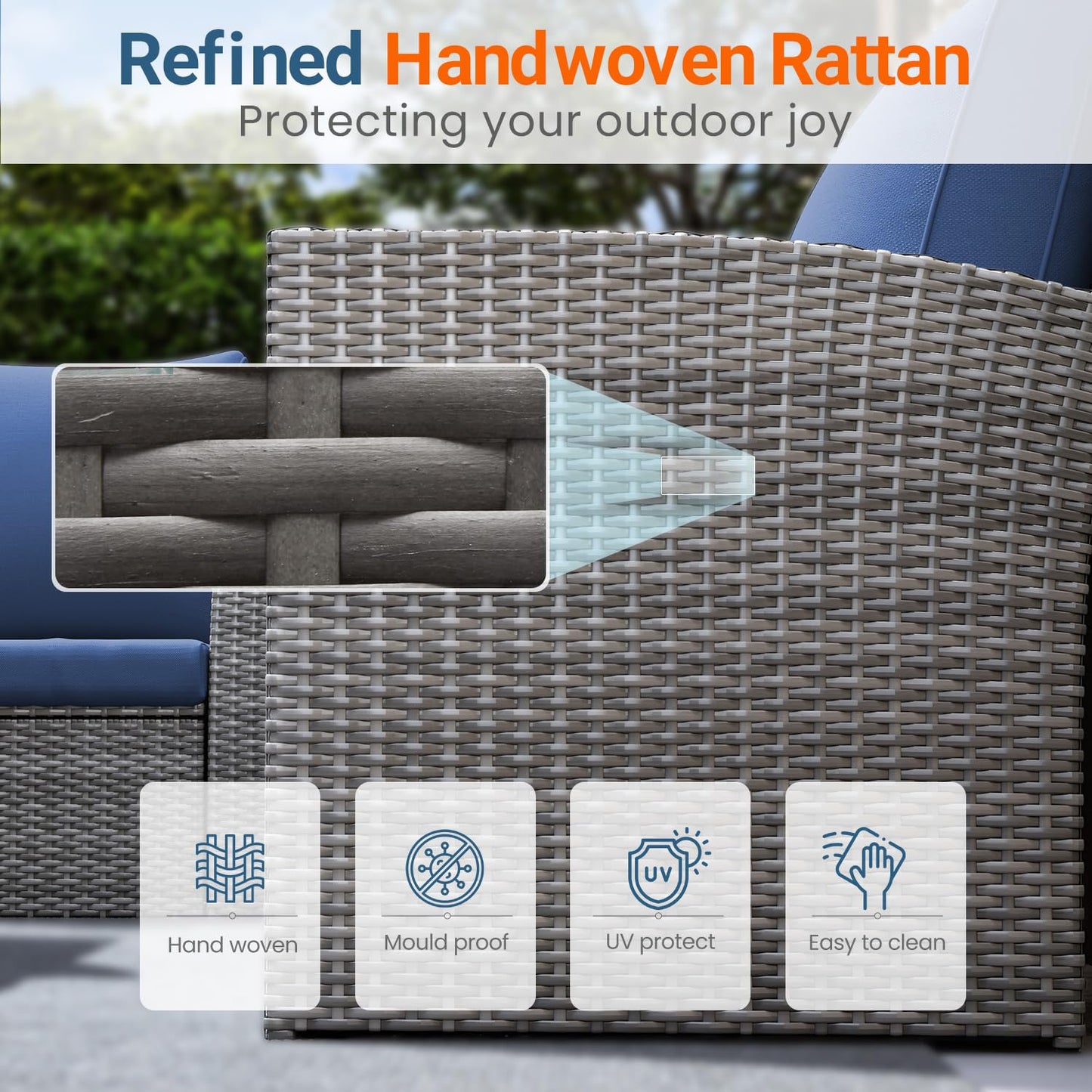 Wisteria Lane Patio Furniture Set, Wicker Outside Outdoor Furniture for All Weather, Patio Sofa with High Backrest Support and Wide Armrest for Backyard, Balcony, Deck, Porch, Blue