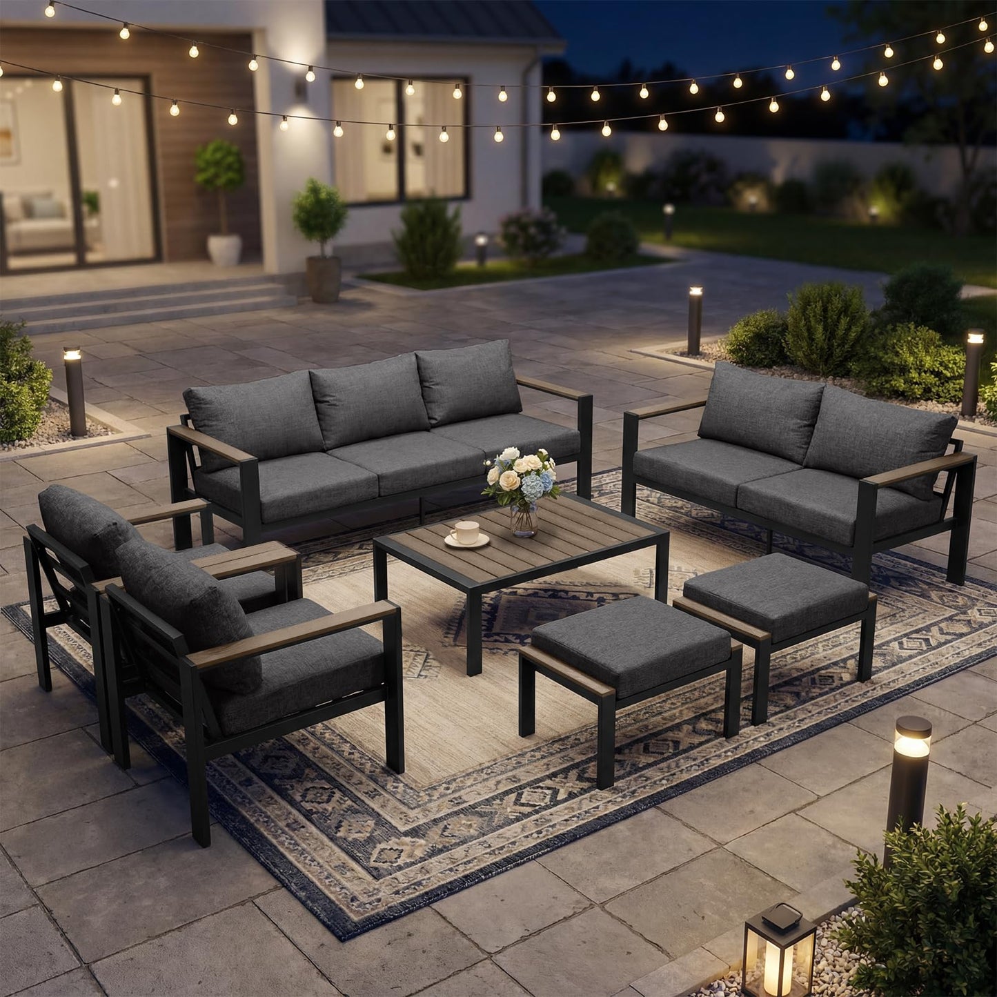 SAILARY Outdoor Patio Furniture Set 7 Pieces Luxury Aluminum Patio Conversation Set with Coffee Table and 2 Ottoman 9 Seats, Thick Cushions, Large Sectional Sofa for Porch, Balcony, Deck, Dark Gray