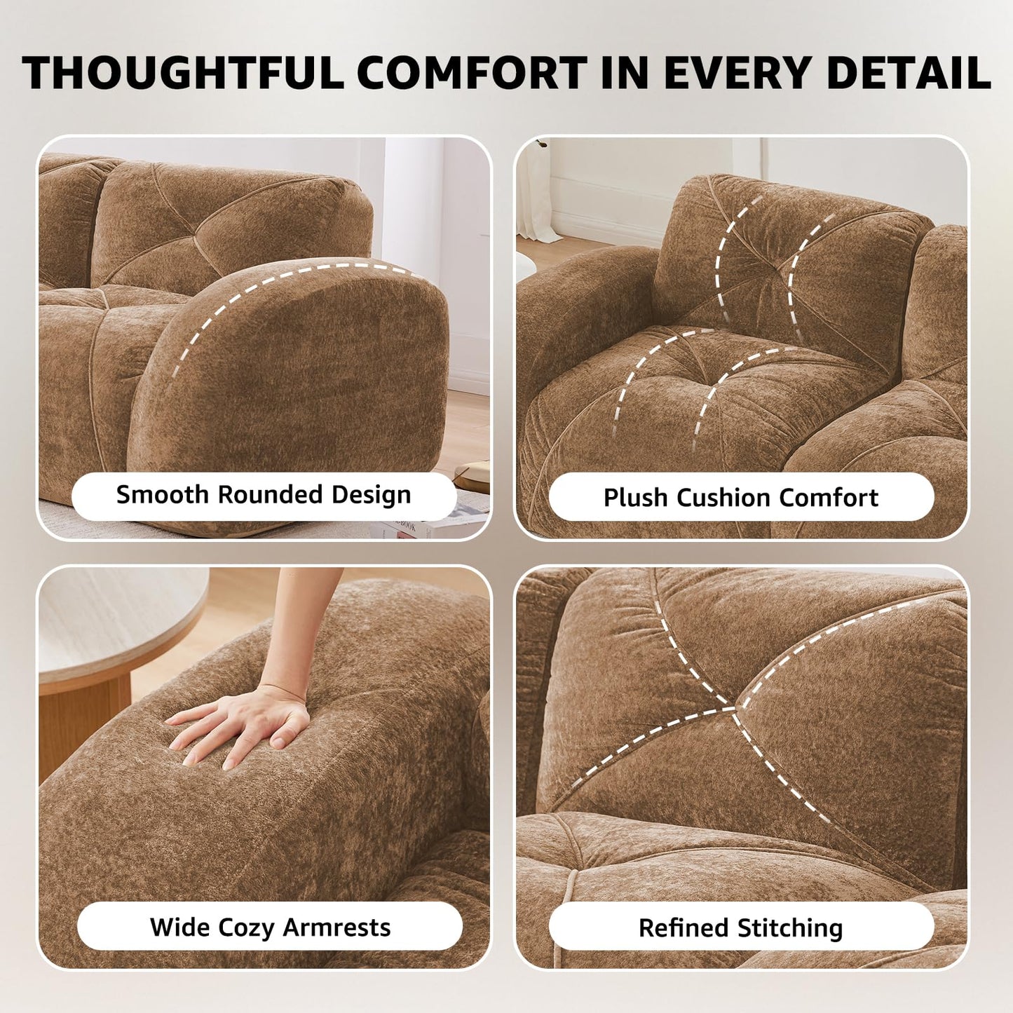 Camel L-Shaped Sectional Couches for Living Room, Velvet Fabric Boneless Couch, No Assembly Cloud Modular Sectional Sofa with 1 Ottoman, Foam Couch Compressed Sofa Set for Apartment, Sofas para Sala