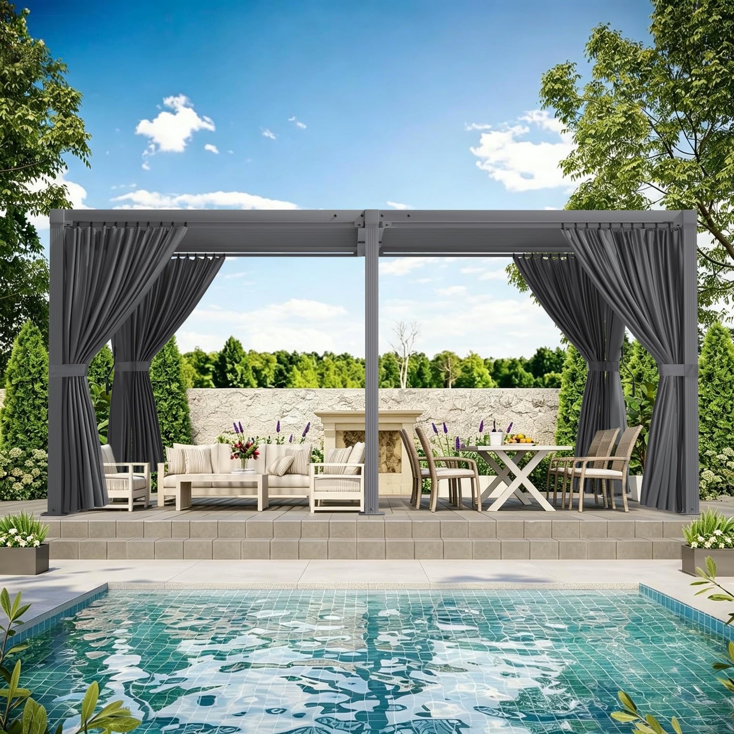 SAILARY Louvered Pergola 12' x 16' with Waterproof Curtains, Outdoor Aluminum Pergola with Reinforced Steel Roof, Heavy-Duty Hardtop Gazebo, Privacy Shaded Shelter, Grey