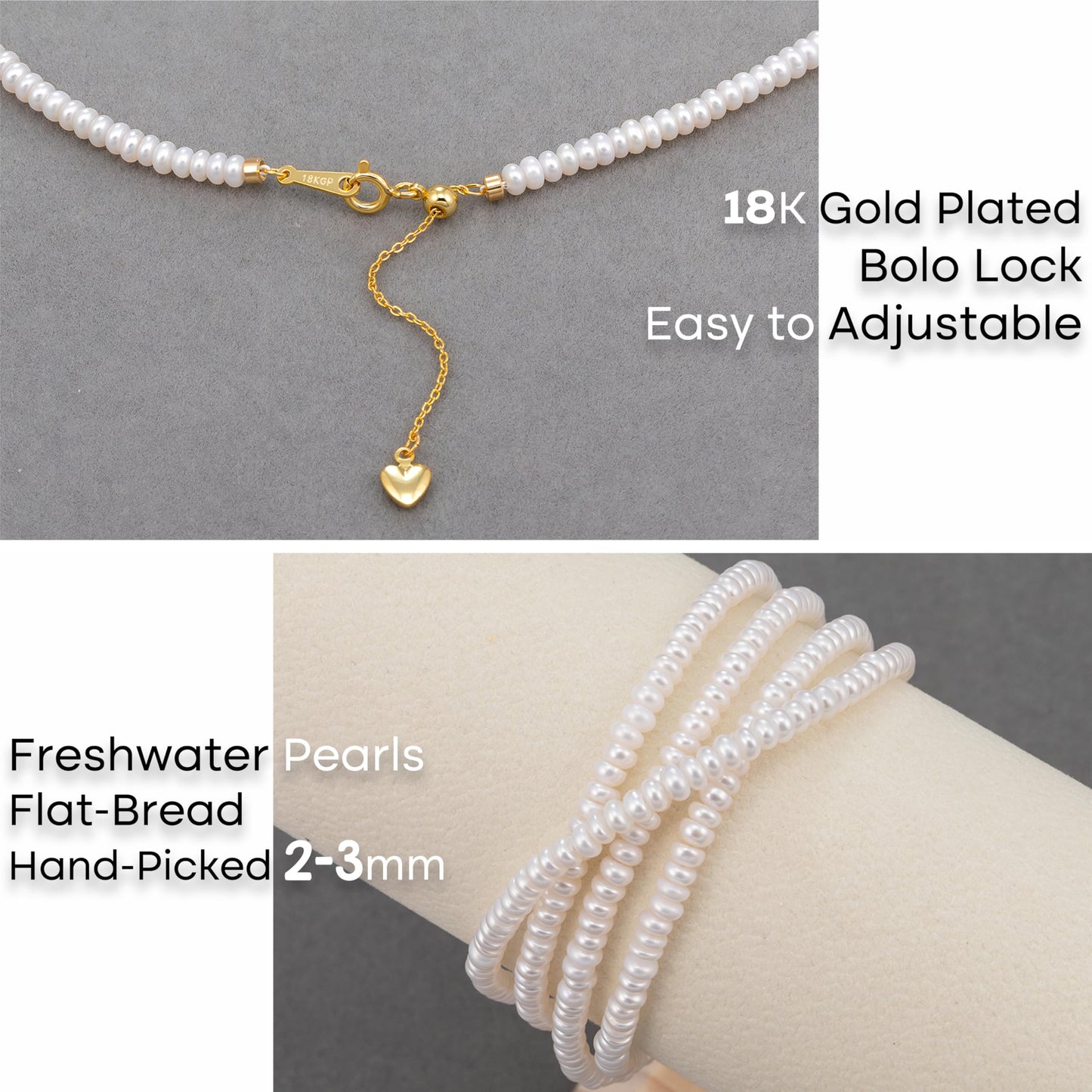 Pearls Necklace, Freshwater Tiny Small Bread Pearls Necklace for Women's Pearl Strand Necklace Chain 18K Gold Plated Hypoallergenic White Necklace as Prom Bridesmaid Birthday Gifts(Bread, 18KGP Lock)