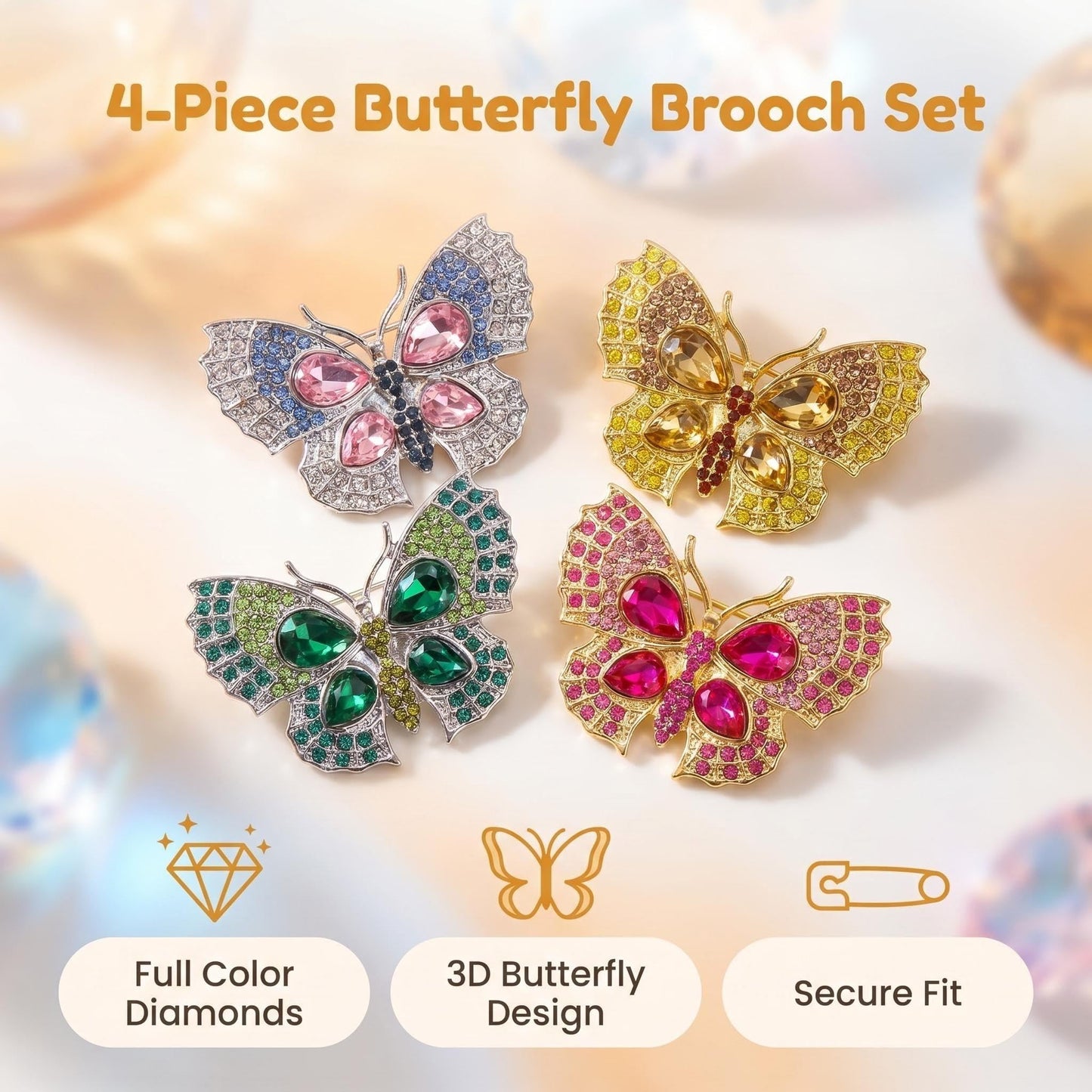 4Pcs Colorful Butterfly Brooch Pins for women, Fashion Women's enamel Crystal Rhinestone Butterfly Brooches Pin set for Clothes Dresses (3)