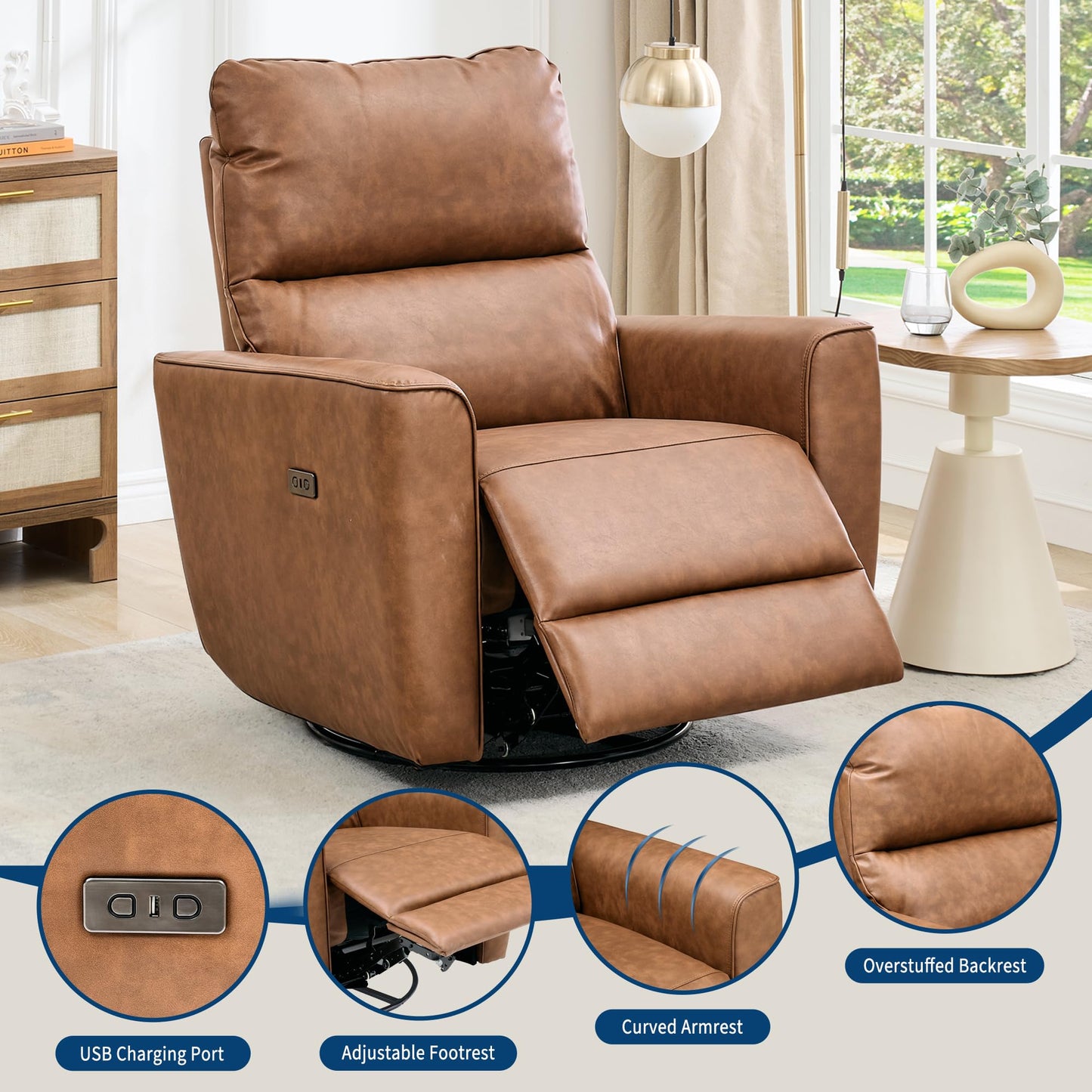 IDEALHOUSE Swivel Rocking Nursery Recliner Chair Rocker Recliner Glider Deep Seat PU Leather Sofa Chair with high Backrest for Nursery, Living Room, Bedroom & Home Movie Theater (Camel)