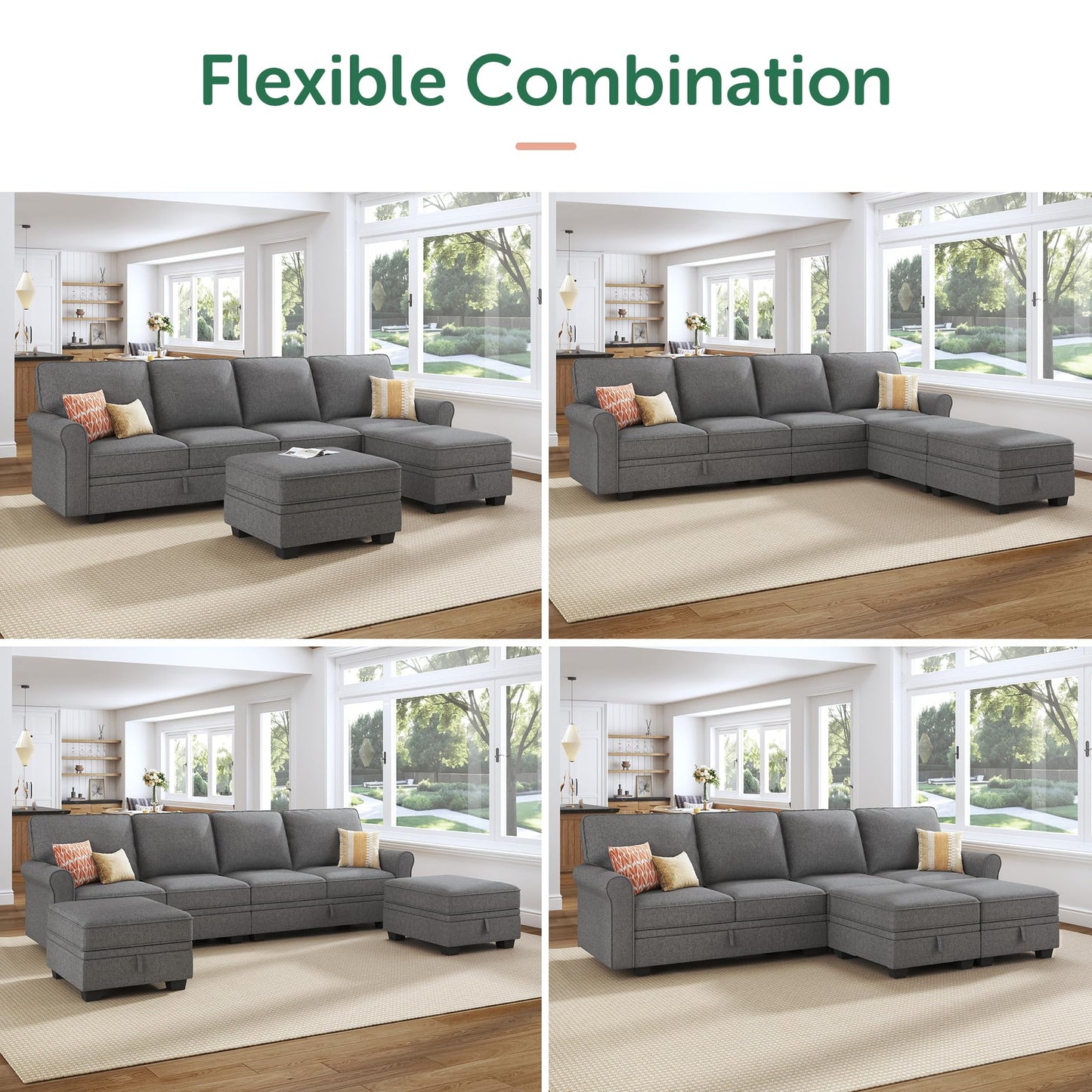 HONBAY Convertible Sectional Sofa with Storage U Shaped Sectional Couch with Reversible Chaise Small Sectional Couches for Living Room,Grey