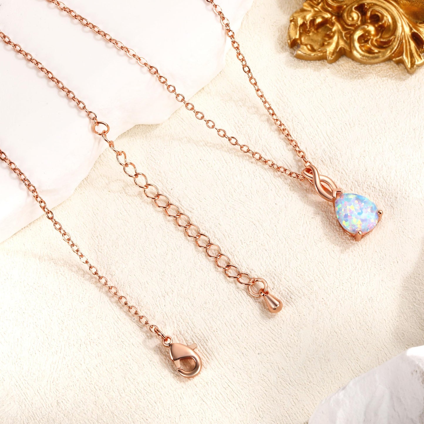 VOLUKA Teardrop White Fire Opal Necklace for Women 18K Rose Gold Plated October's Birthstone Gemstone Pendant Vintage Elegant Friendship Link Chains Choker Mother