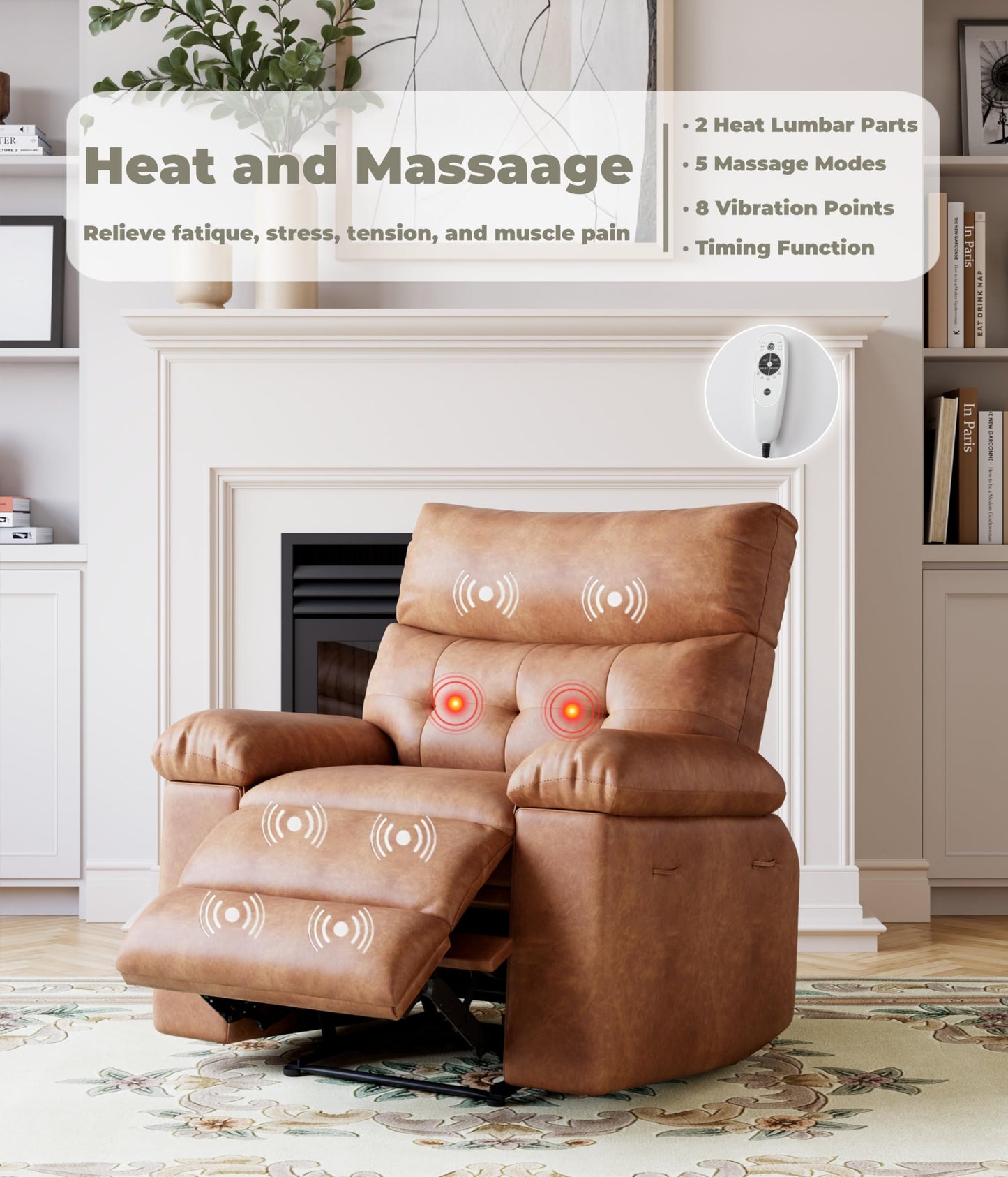 GarveeHome Oversized Recliner Chair, Extra Wide Manual Recliner with Heat and Massage, 400lbs Heavy Duty PU Leather Single Sofa, Large Lazy Chair for Big and Tall Adults, Living Room & Bedroom