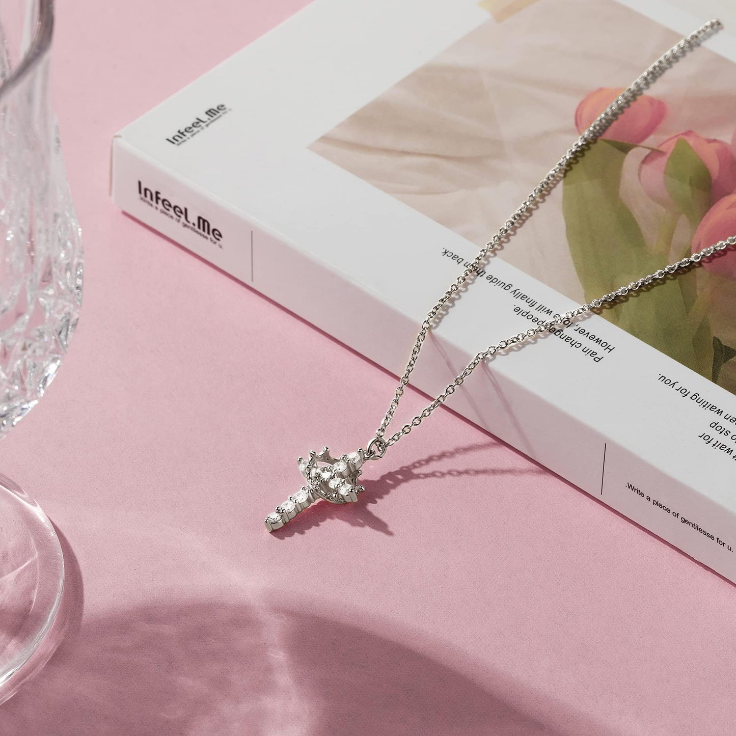 Robaice Silver Cross Necklace for Women, Sterling Silver Plated Crown Cross Pendant Necklace Cross Necklaces Faith Jewelry First Communion Necklace, Silver