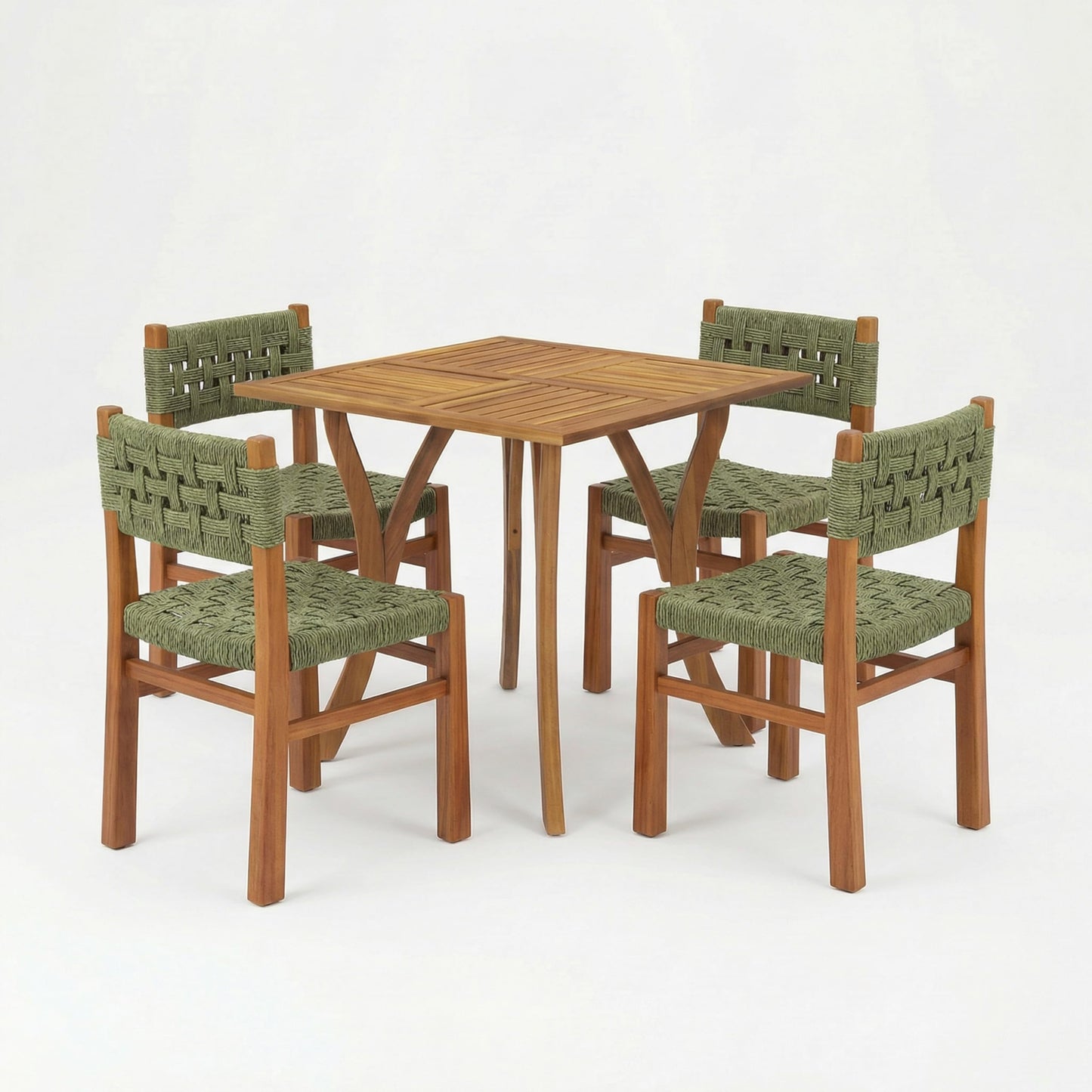 Christopher Knight Home 5 Piece Outdoor Dining Set Acacia Wood Square Table and 4 Green Wicker Chairs Teak Finish Patio Furniture Set for Garden Backyard Balcony Deck