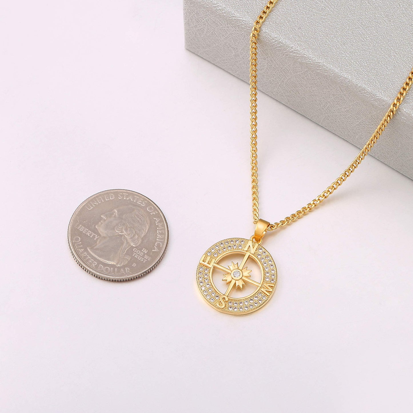 PEARLADA 18K Gold Plated Cuban Chain Compass Pendant Necklace with Micro-Inlaid Cubic Zirconia Halo Womens Handmade Navigation Travel Jewelry for Graduation Gift