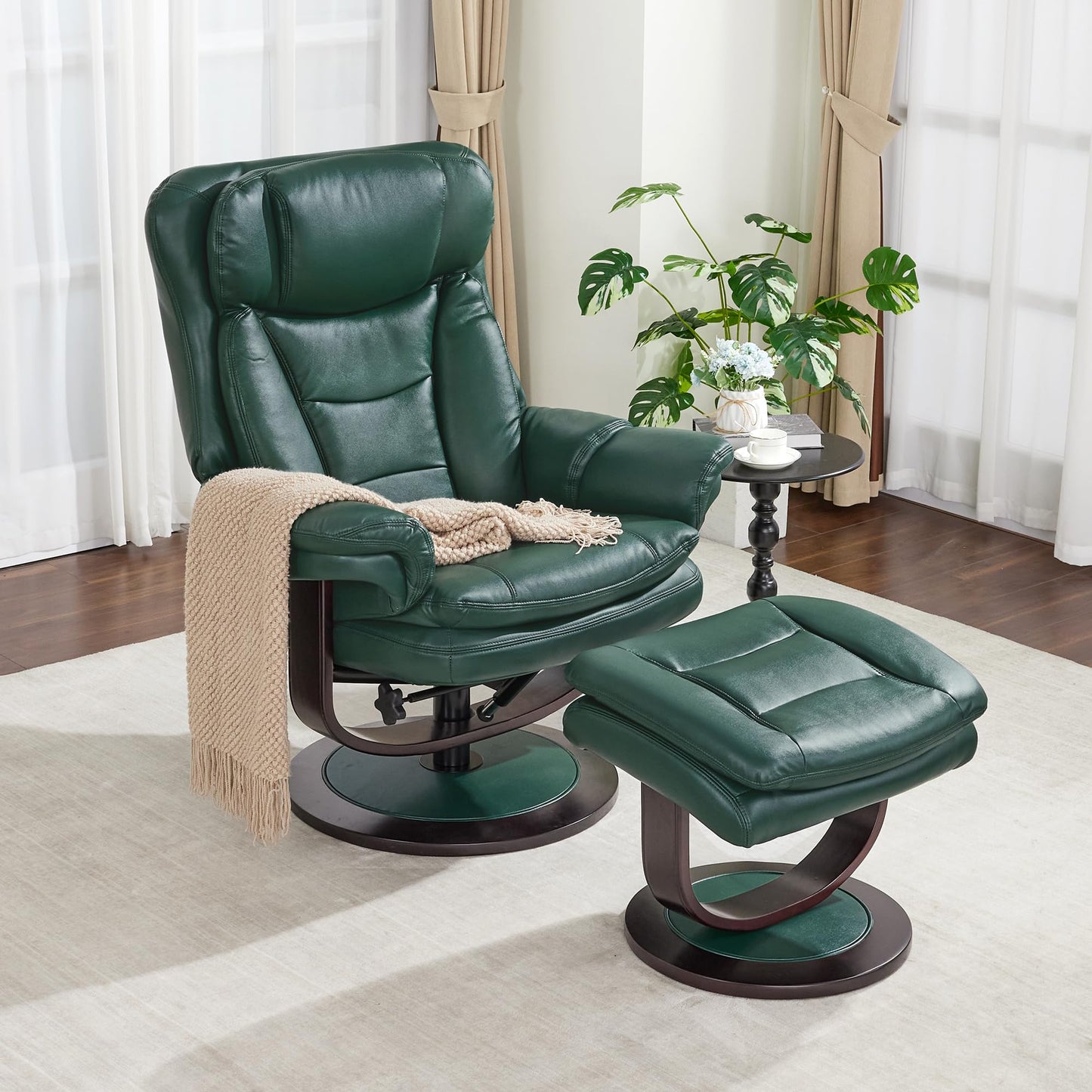MCombo Oversized Swivel Recliner Chair with Ottoman, Adjustable Backrest, 360° Wood Base, High Seat, Faux Leather Lounge Chair for Tall Users in Living Room, Bedroom, or Office 4651 (Green)