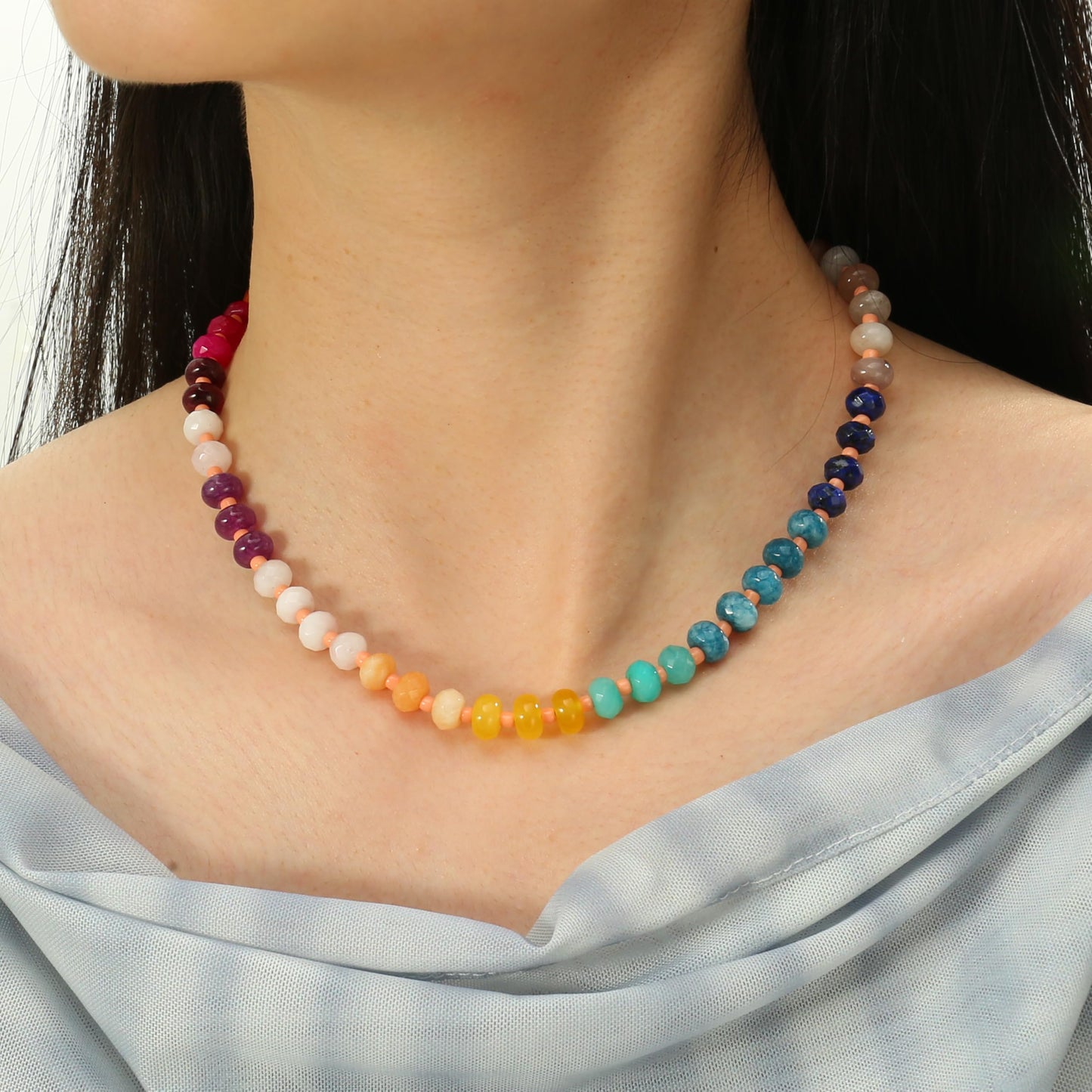 Gemstone Beaded Necklace for Women Colorful Natural Stone Freshwater Pearl Surfer Beach Rainbow Necklace Jewelry Gift