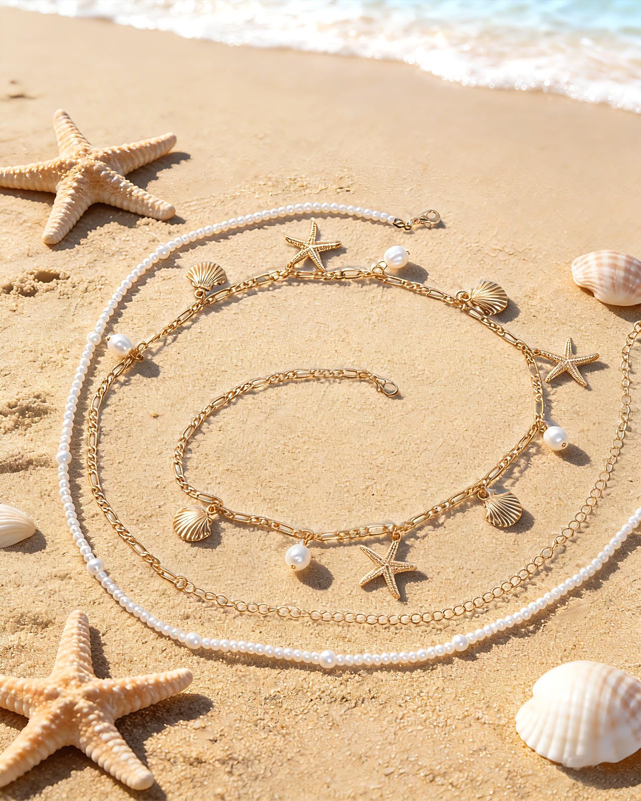 Ronglry 2pcs Gold Starfish Waist Chain for Women Layered Shell Belly Chain Beach Waist Beads Body Chains for Women Boho Adjustable Sexy Bikini Body Chain for Summer Beach Jewelry Accessories-shell