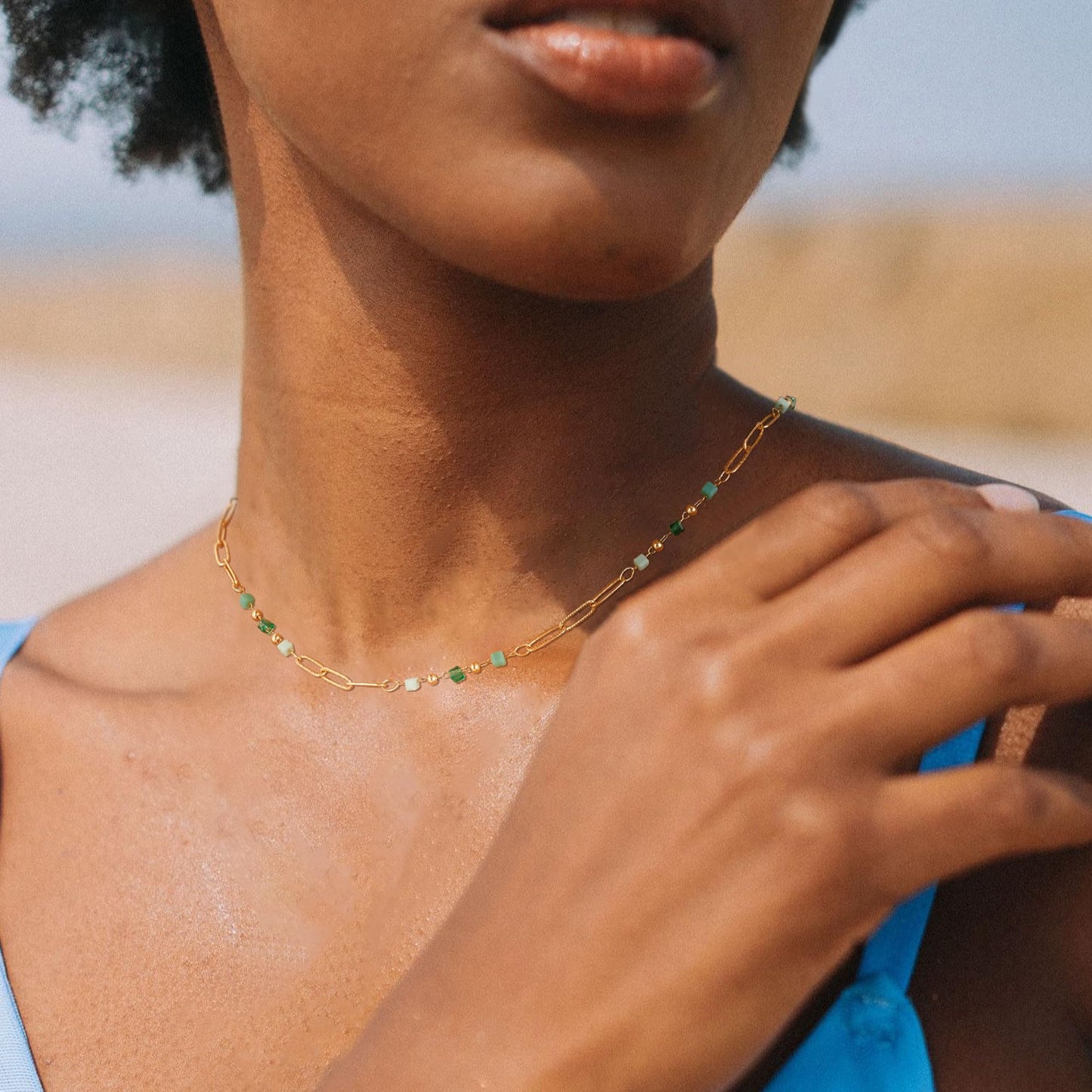 MTMY Beaded Necklaces for Women 14K Gold Plated Dainty Colorful Green/Rose Beaded Pearl Choker Necklace Delicate Boho Choker Necklace Jewelry Gift (beads paper clip)