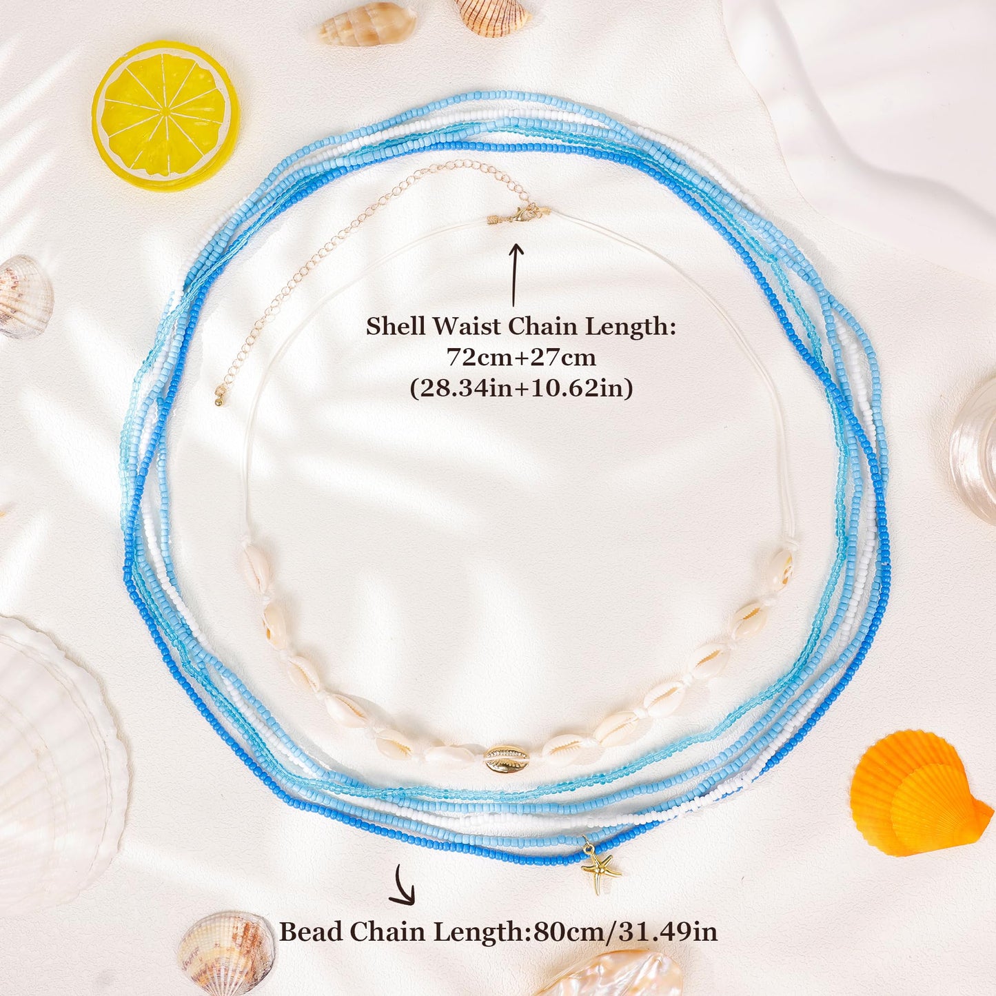 NICEIGHT 6Pcs Colorful Waist Beads Chain for Women Multi-layered Beaded Belly Chain Sexy Starfish Shell Chain for Waist Summer Beach Bikini Belly Body Chain Jewelry Blue