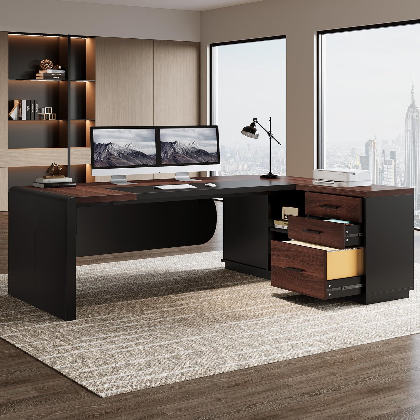 Tribesigns 80'' L-Shaped Desk Set of 4, Large Executive Office Desk with 55'' Drawers Cabinet, Modern Computer Table with Storage Shelves, Business Furniture for Office, Walnut & Black