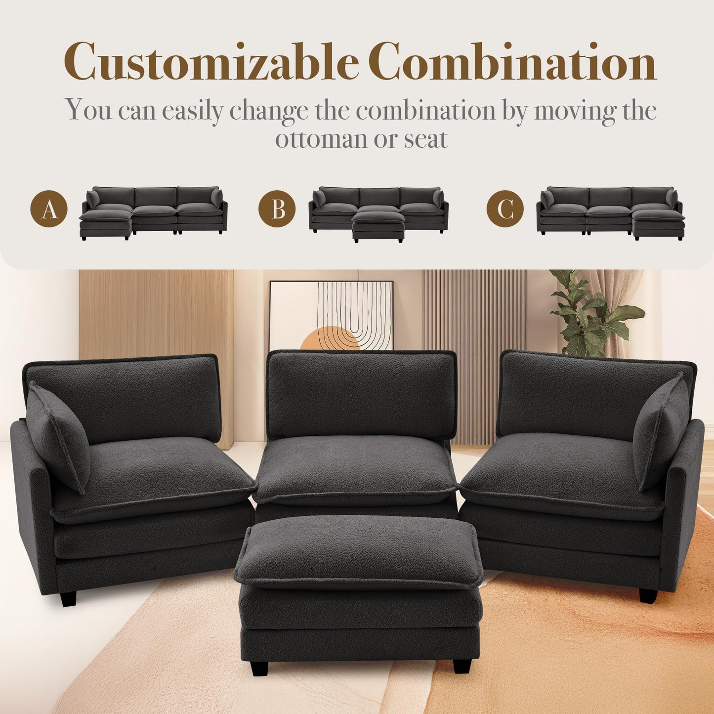 ROWHY 112'' Sectional Cloud Couch with Movable Ottoman, 4 Seat Modern Chenille Modular Sofa with 2 Throw Pillows, Deep Seat L Shaped Couch for Living Room Bedroom Apartment, Dark Grey