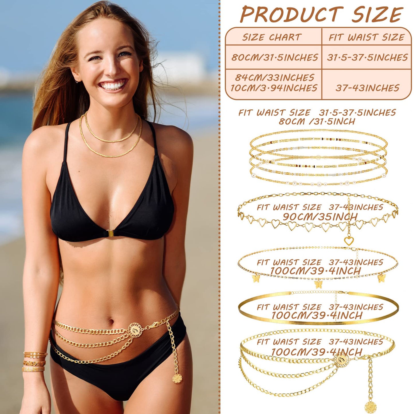 JenPen 8 Pcs Belly Chain Adjustable Waist Chain Summer Beach Bikini Waist Body Beads for Women Adults Multilayer(Charming Style)
