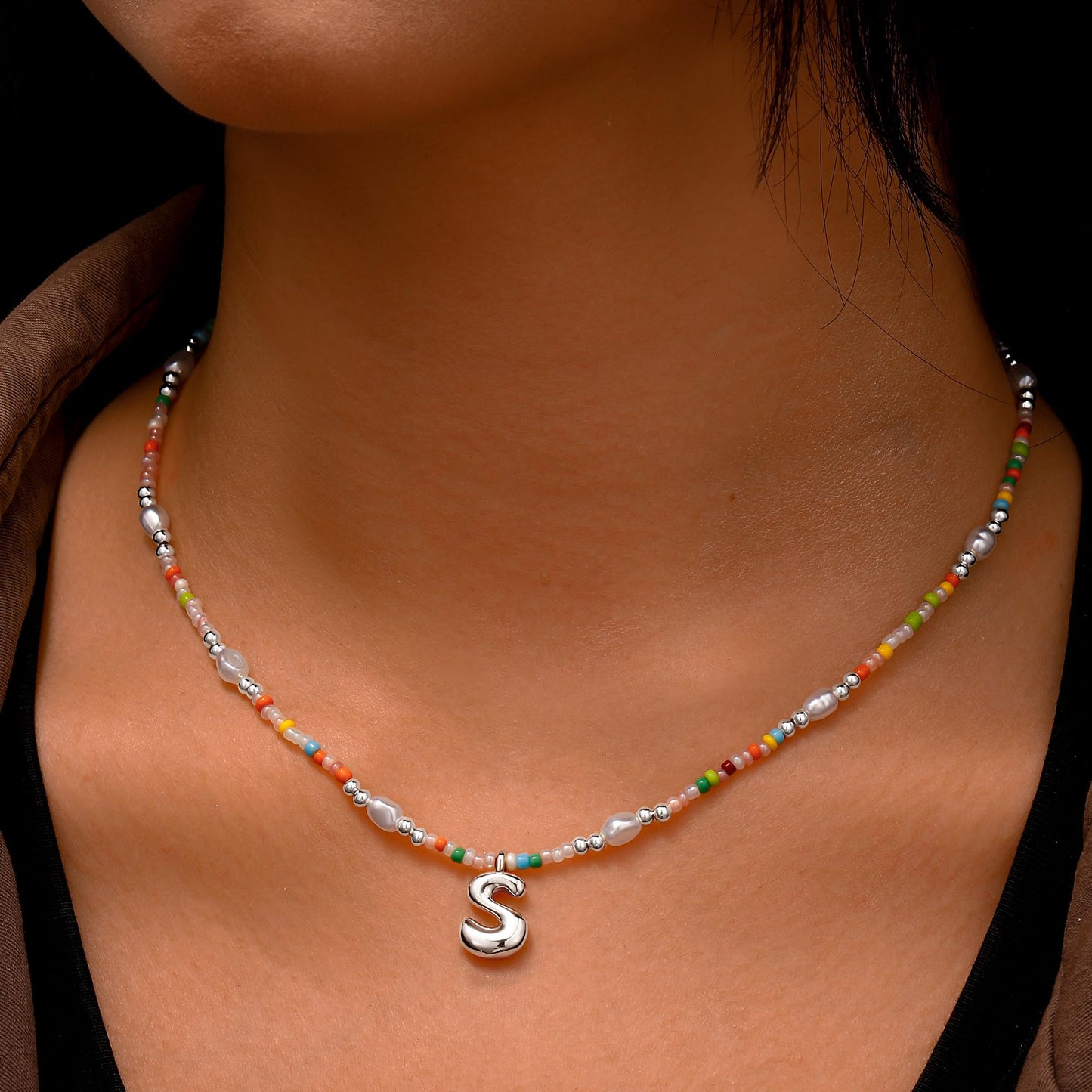 Ritach Initial Necklaces for Women Jewelry - Beaded Necklace Colorful Initial Necklaces for Women Letter S Necklaces Silver Necklace for Girls Gifts Summer Beach Jewelry