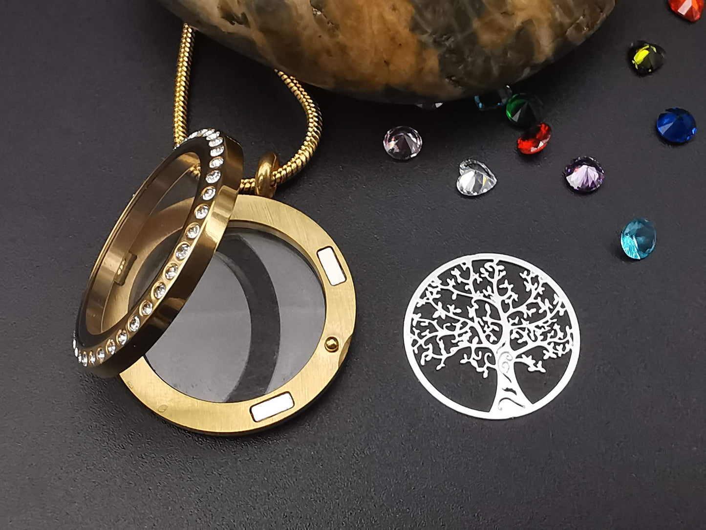 18K Gold Plated Family Tree of Life Floating Locket Necklace, Diy Stainless Steel Pendant with 24Pcs Birthstones for Mummy Mom Mother in Low Grandma Nana Aunt Niece