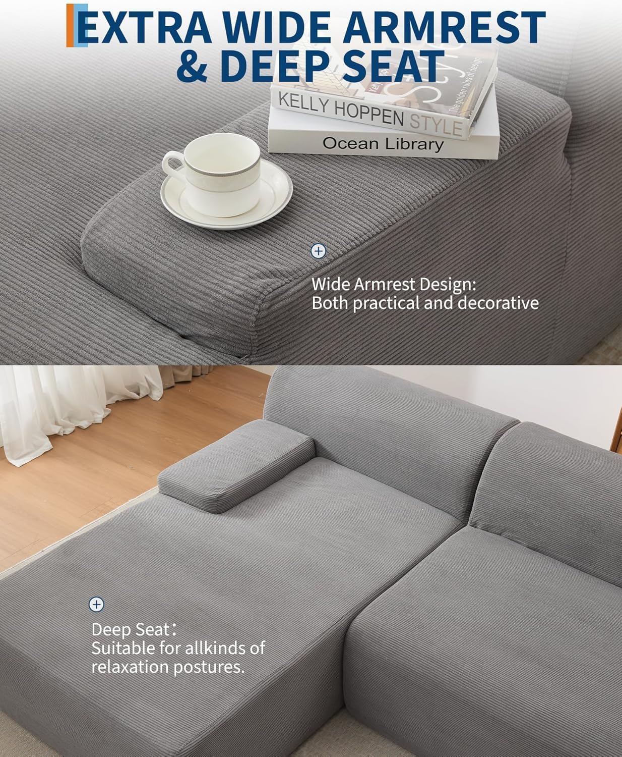 MilleLoom 108" Sectional Couches for Living Room, Modular Sectional Sofa with L-Shape Chaise, Ultra Soft Corduroy L Shaped Couch Bed,Perfect Comfy Couches for Living Room, No Assembly Required