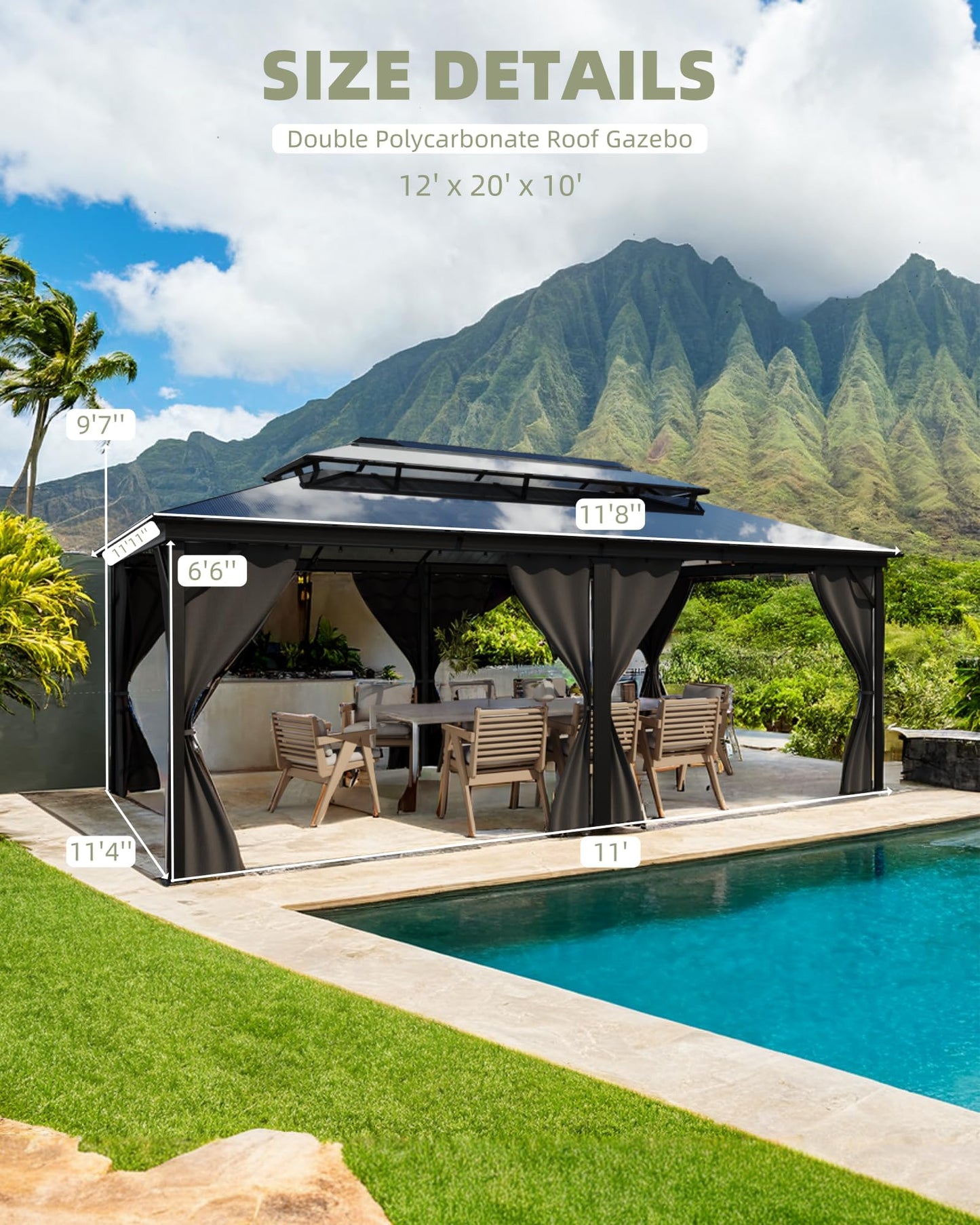 12'X20' Hardtop Gazebo, All-Weather Aluminum Frame Outdoor Canopy with Double Polycarbonate Roof, Permanent Outdoor Gazebo with Netting & Curtains for Garden, Lawns, Patio, Grey.