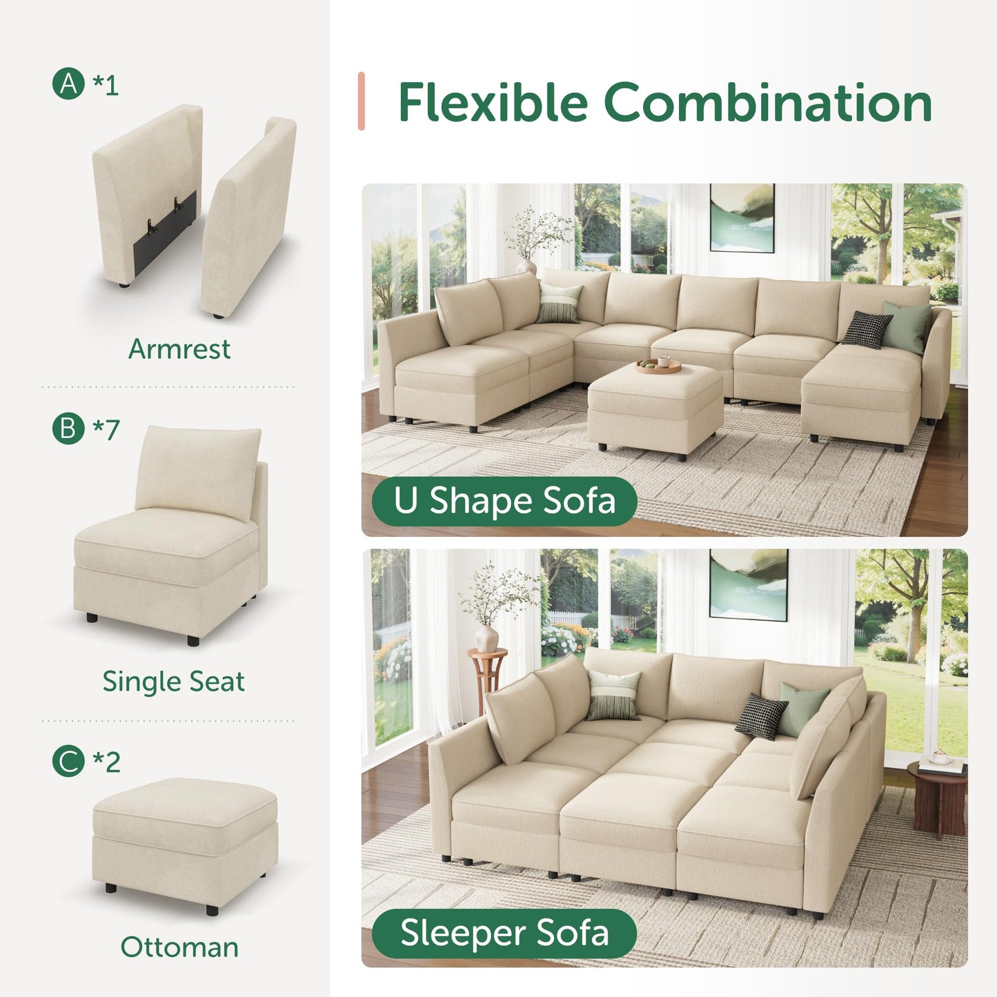 HONBAY Modular Sectional Sleeper Sofa with Storage, Modular Convertible Sectional Couch Bed Module Sleeper Couches for Living Room - Beige