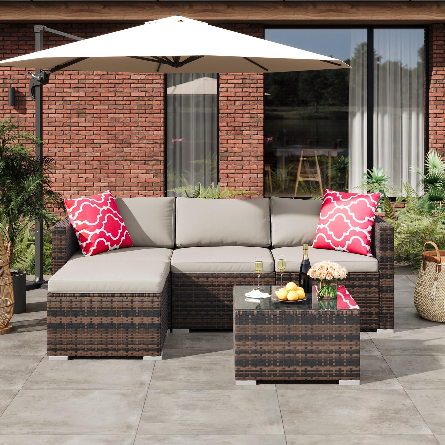 GAOMON 5-Piece All-Weather Patio Furniture Set, Convertible Outdoor Sectional Sofa with Ottoman & Tempered Glass Table, PE Rattan Conversation Set for Garden, Backyard, Porch, Poolside