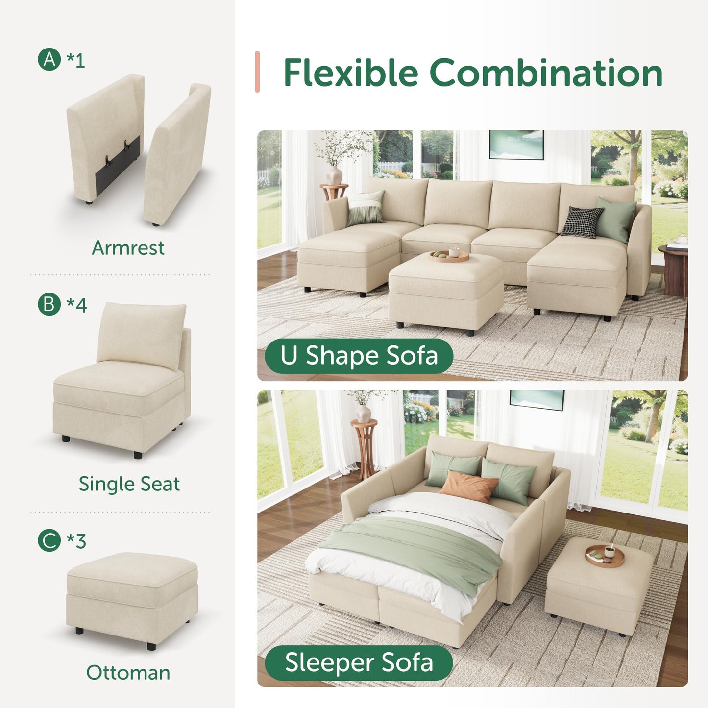 HONBAY Modular Sofa U Shaped Sectional Couch with Storage, Convertible Modular Sofa 7 Seats Sectional for Living Room - Beige