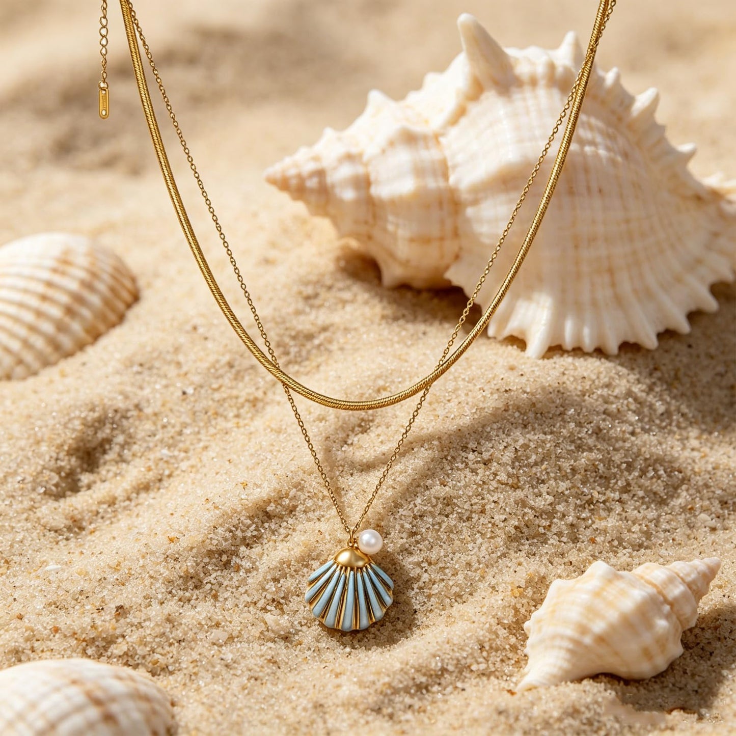Layered Gold Shell Starfish Necklace for Women Blue Starfish Shell Pendant Necklace Vintage Stainless Steel Pearl Snake Chain Necklace Summer Beach Jewelry Gifts (Starfishs)